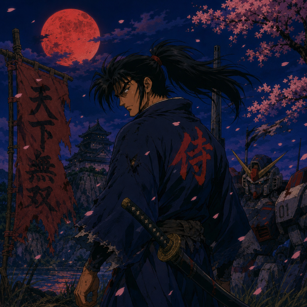 Forum avatar/pfp: anime samurai ronin in a dark cloak with kanji on his back, katana at his side beneath cherry blossoms and a blood-red moon.