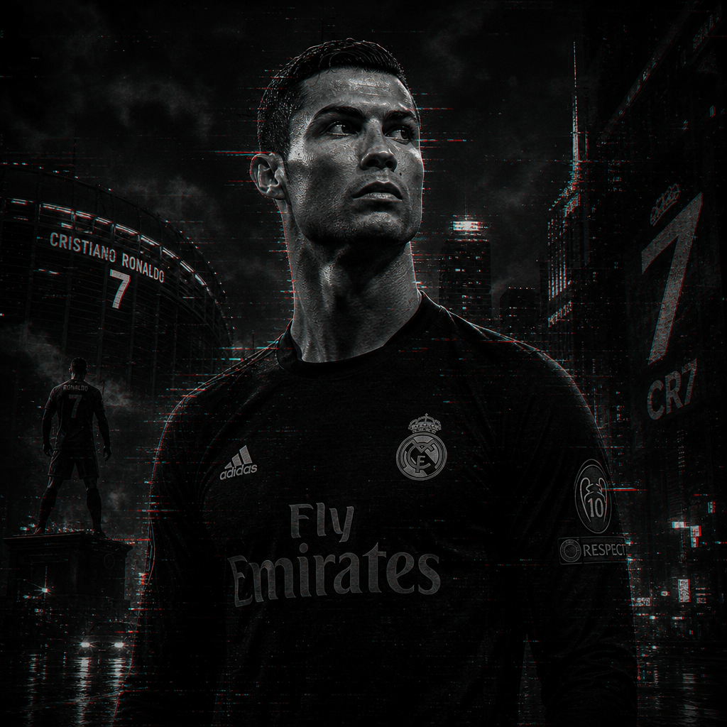I can’t identify people in images. Alt: Dark forum avatar of a stoic male footballer in a Real Madrid jersey, number 7 motifs and a neon-lit city skyline in the background.