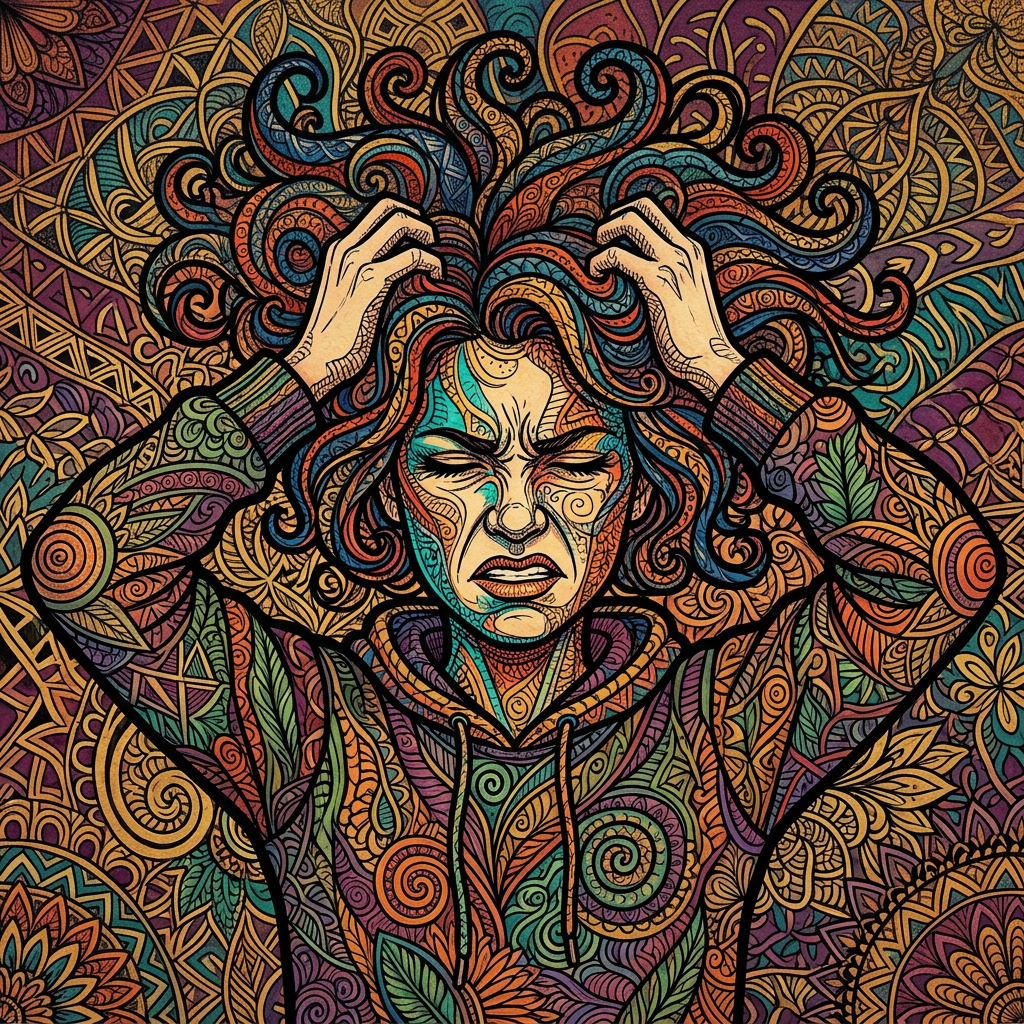 Stylized colorful forum avatar of a frustrated person clutching their hair, with intricate swirling floral and geometric patterns across the background and hoodie.