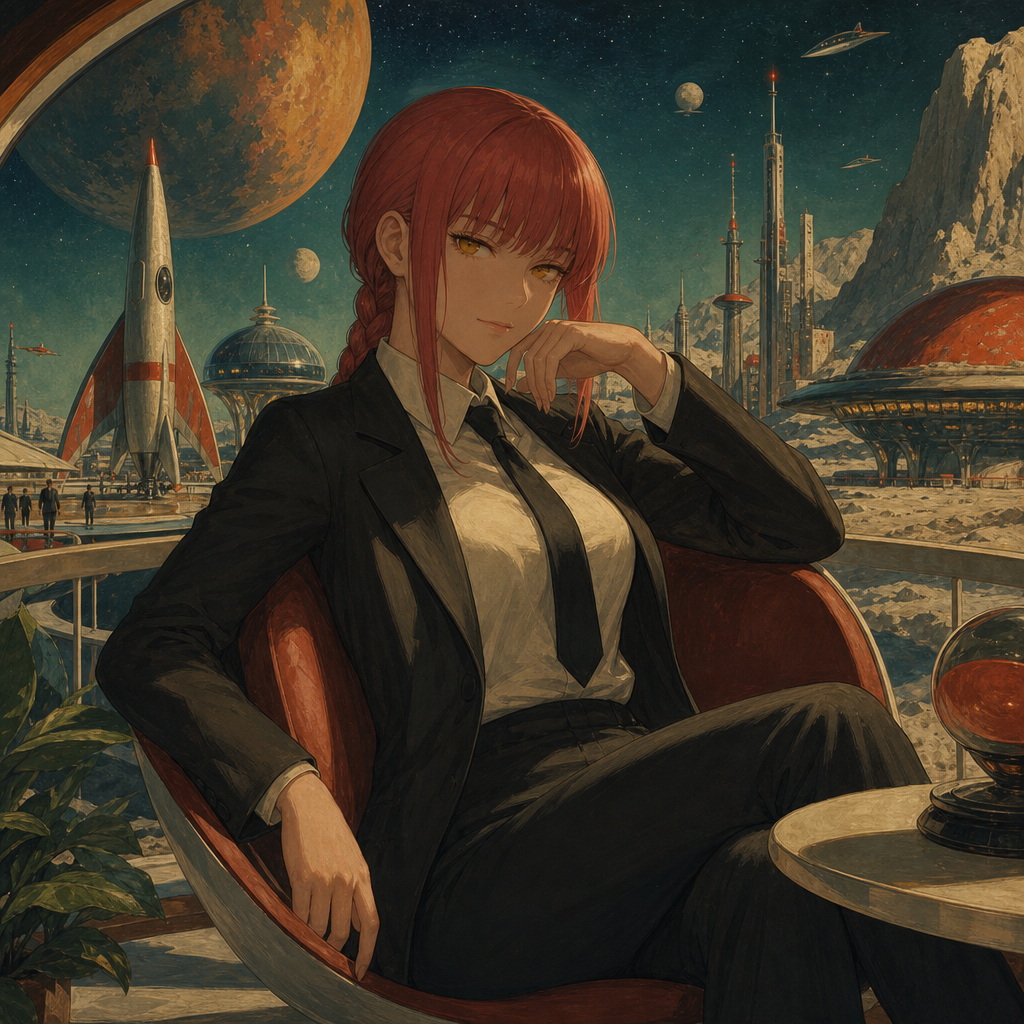 Forum avatar/pfp/profile photo of Makima (Chainsaw Man): an anime woman in a black suit lounging in a retro‑futuristic space cafe, arms crossed, confident smirk.