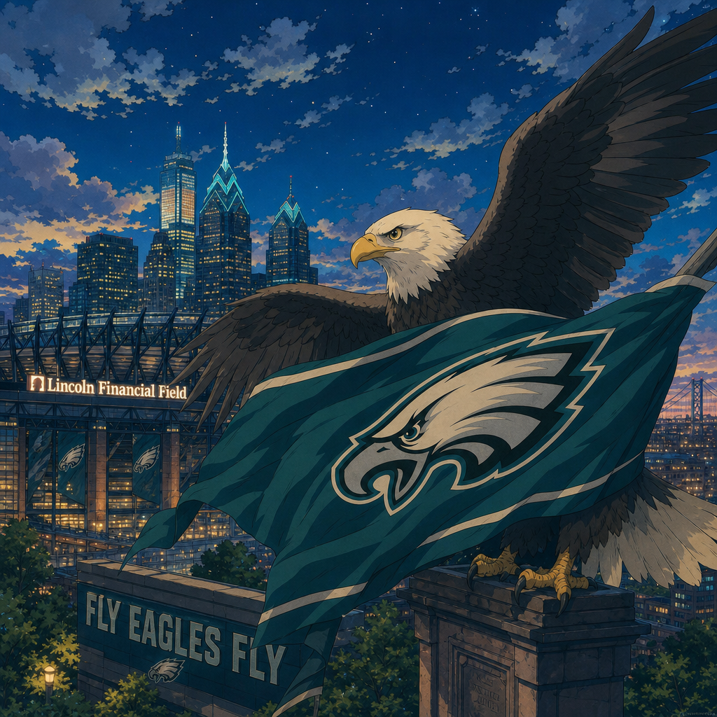 Profile avatar: bald eagle carrying a Philadelphia Eagles flag flying above Lincoln Financial Field football stadium and city skyline, with a visible Fly Eagles Fly banner.