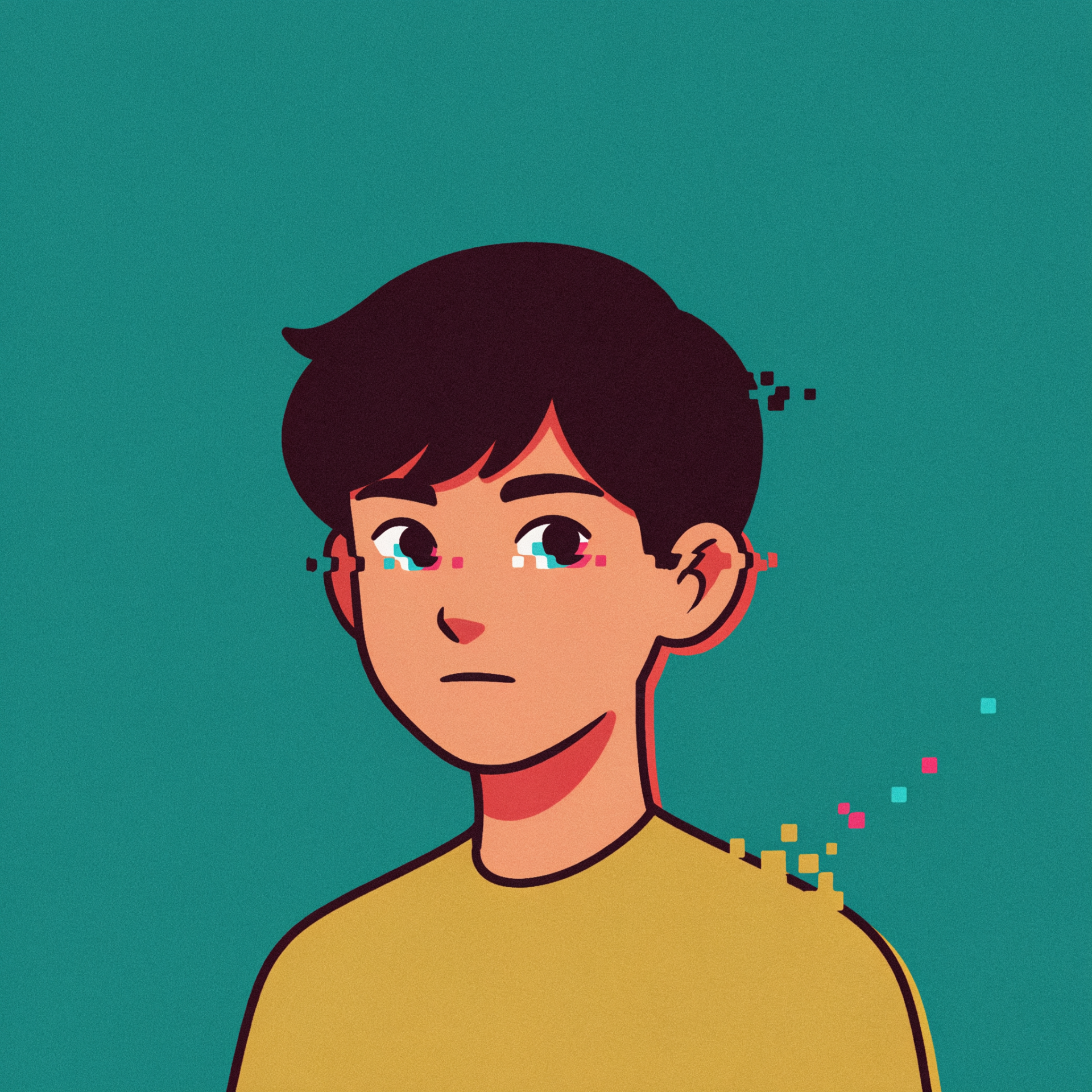 Minimalist comic portrait of a boy with short dark hair and a yellow shirt on a teal background, pixelated accents at his shoulder — forum avatar/pfp.