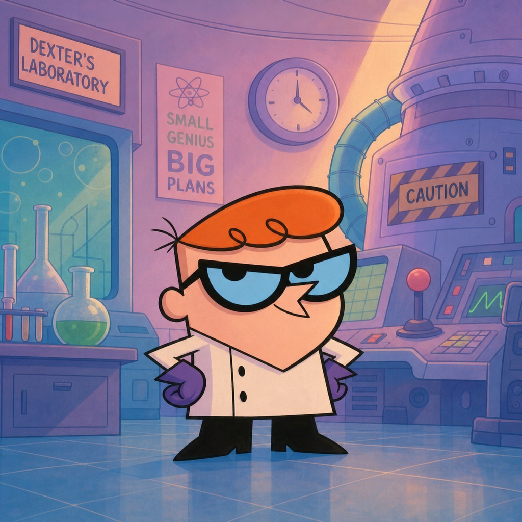 Cartoon forum avatar of Dexter (Dexter's Laboratory): a young scientist in a lab coat, gloves and goggles standing confidently in a colorful laboratory.