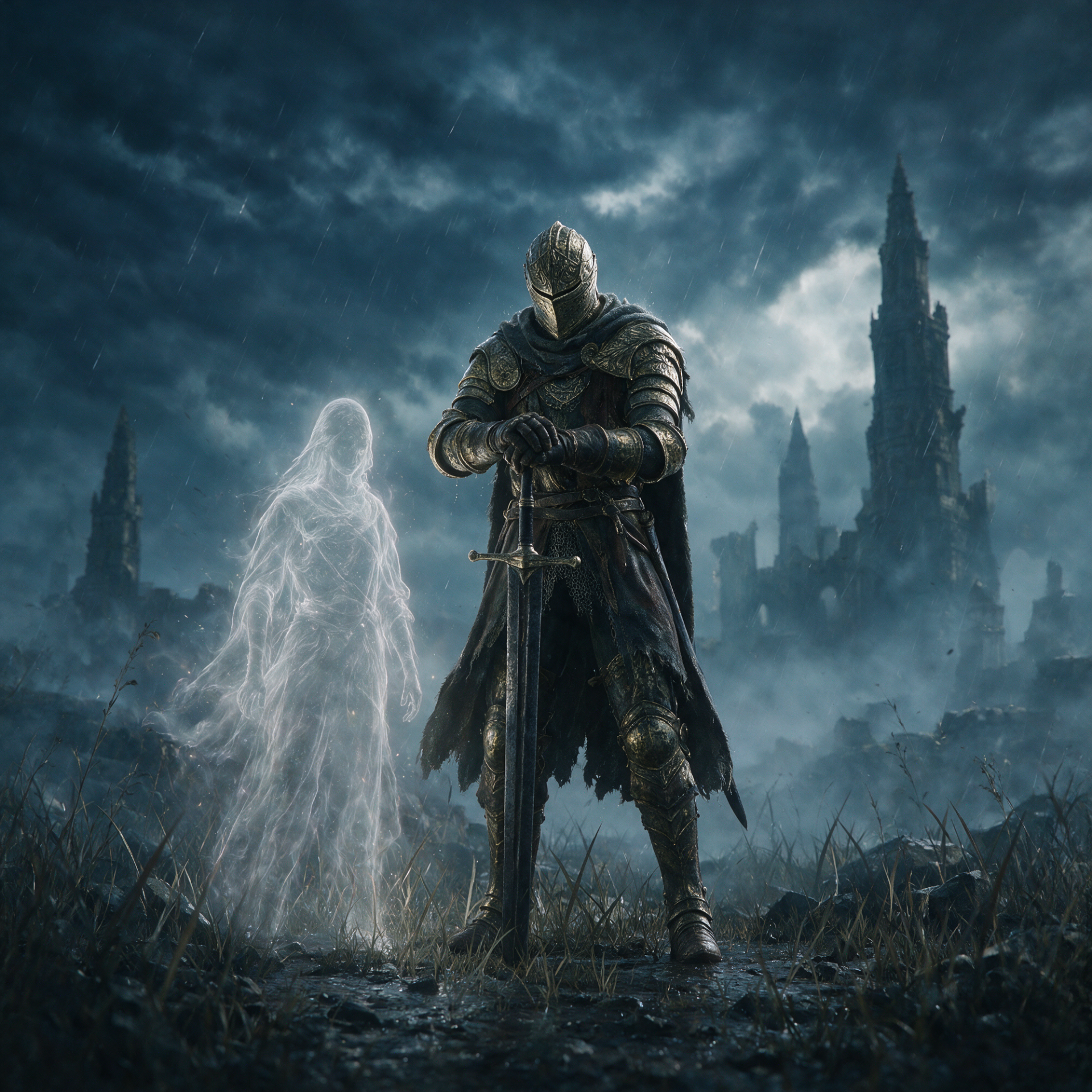 Forum avatar: Elden Ring–style armored knight grips a sword beside a translucent ghost in a ruined, stormy landscape.