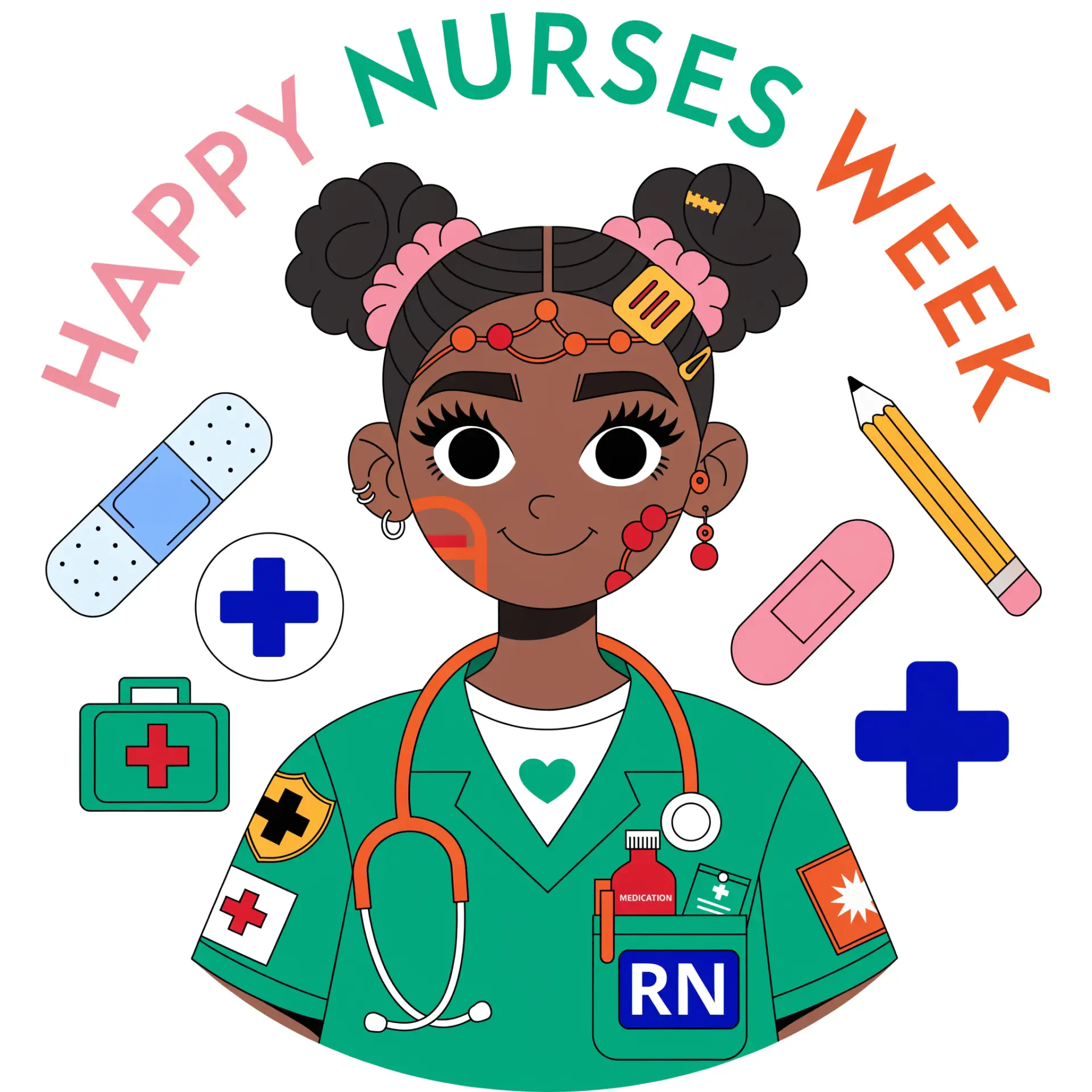 Forum avatar/pfp: colorful illustration of a smiling nurse in green scrubs with RN badge, stethoscope and medical icons around her, Happy Nurses Week arched above.