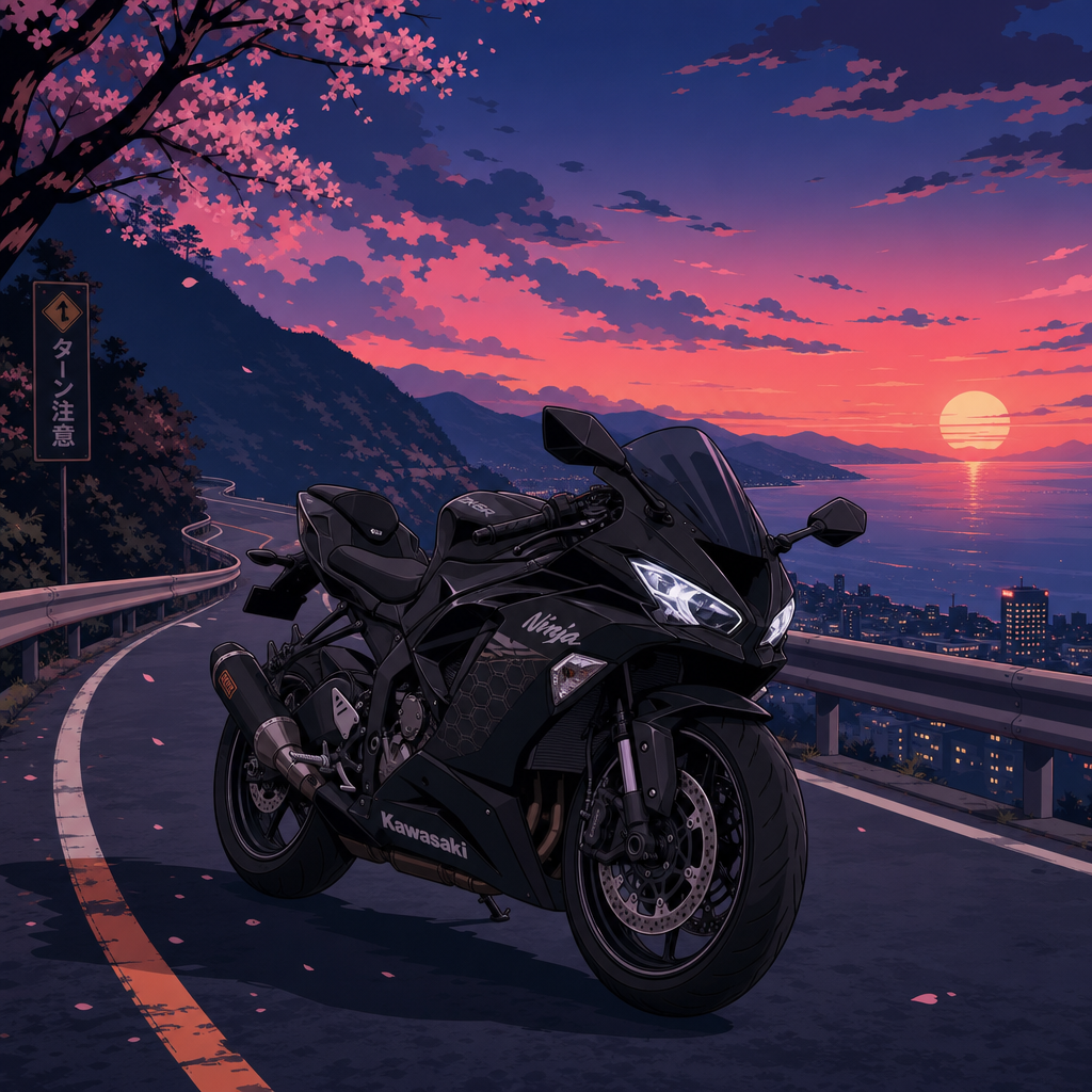 Anime-style black sport motorcycle on a coastal road at sunset beneath cherry blossoms — forum avatar/pfp.