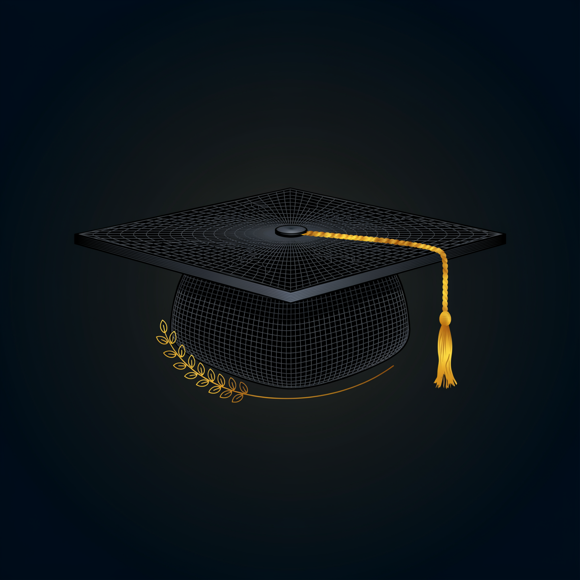 Stylized wireframe mortarboard graduation cap with gold tassel and laurel on a dark background — forum avatar/profile photo.