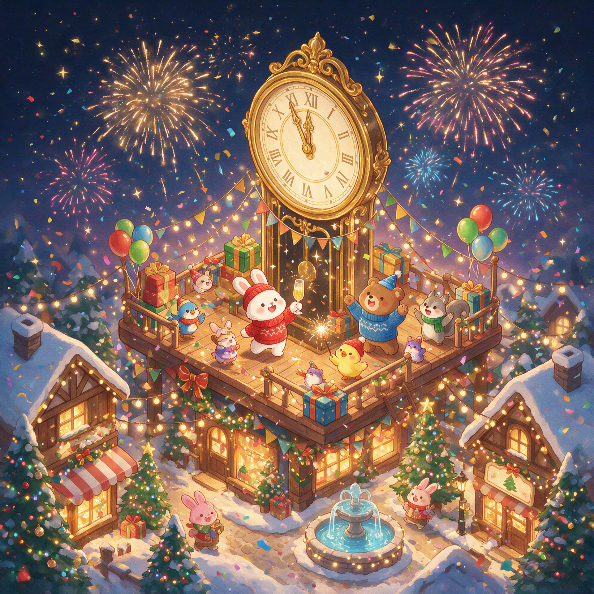 Forum avatar/pfp — Happy New Year: rooftop clock strikes midnight as cute animals celebrate with fireworks, balloons and snowy village lights.