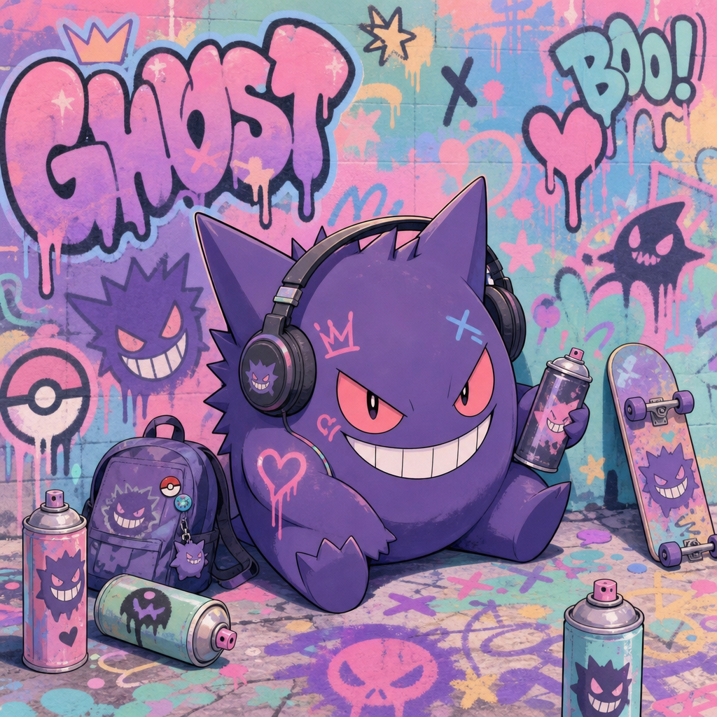Graffiti-style forum avatar of Gengar (Pokémon) — grinning, wearing headphones among spray cans, skateboard and backpack beneath a colorful GHOST mural.