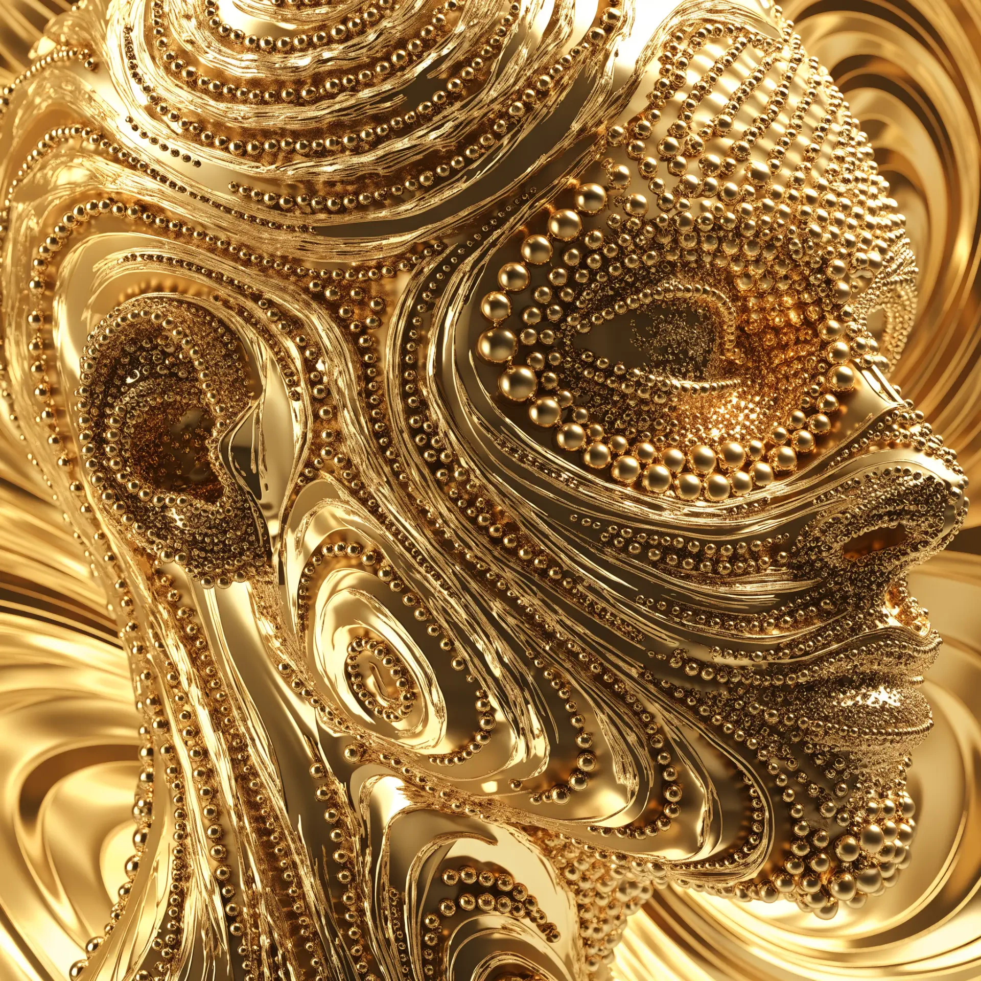 Bedazzled abstract gold fractal profile avatar: a stylized human head in profile made of ornate beaded fractal patterns and swirling layered curves.
