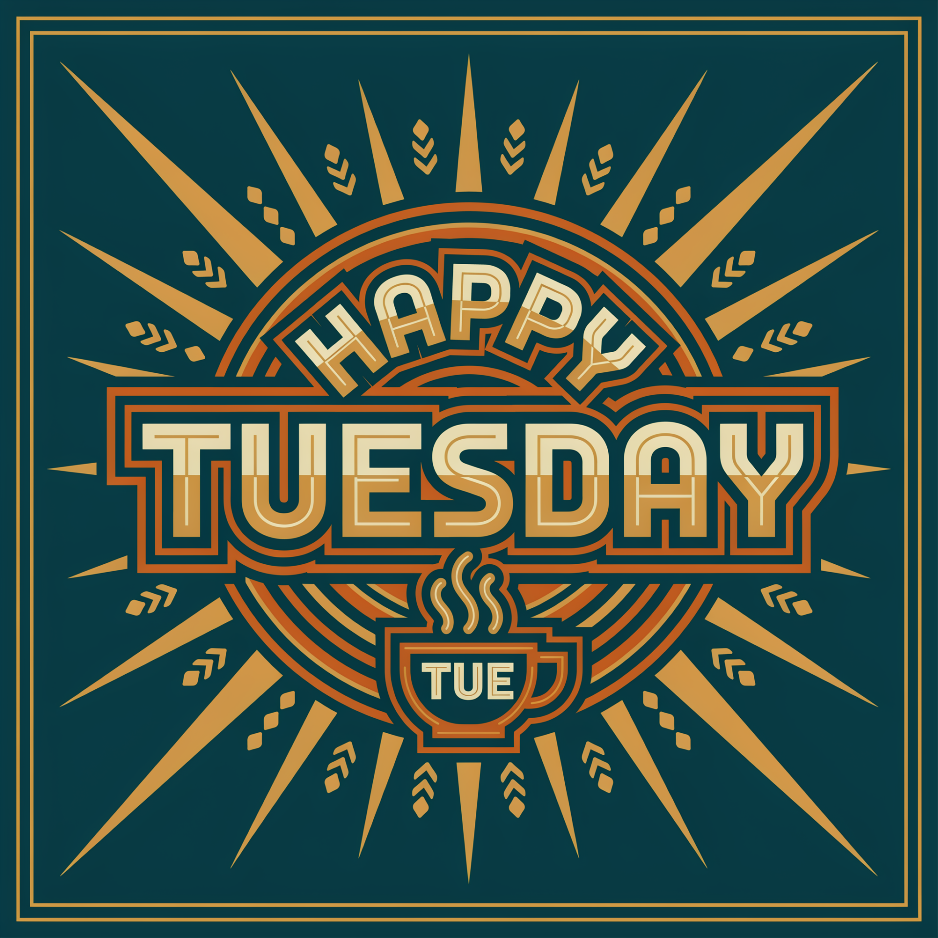 Forum avatar showing retro typography HAPPY TUESDAY with sunburst rays and a steaming coffee cup labeled TUE.