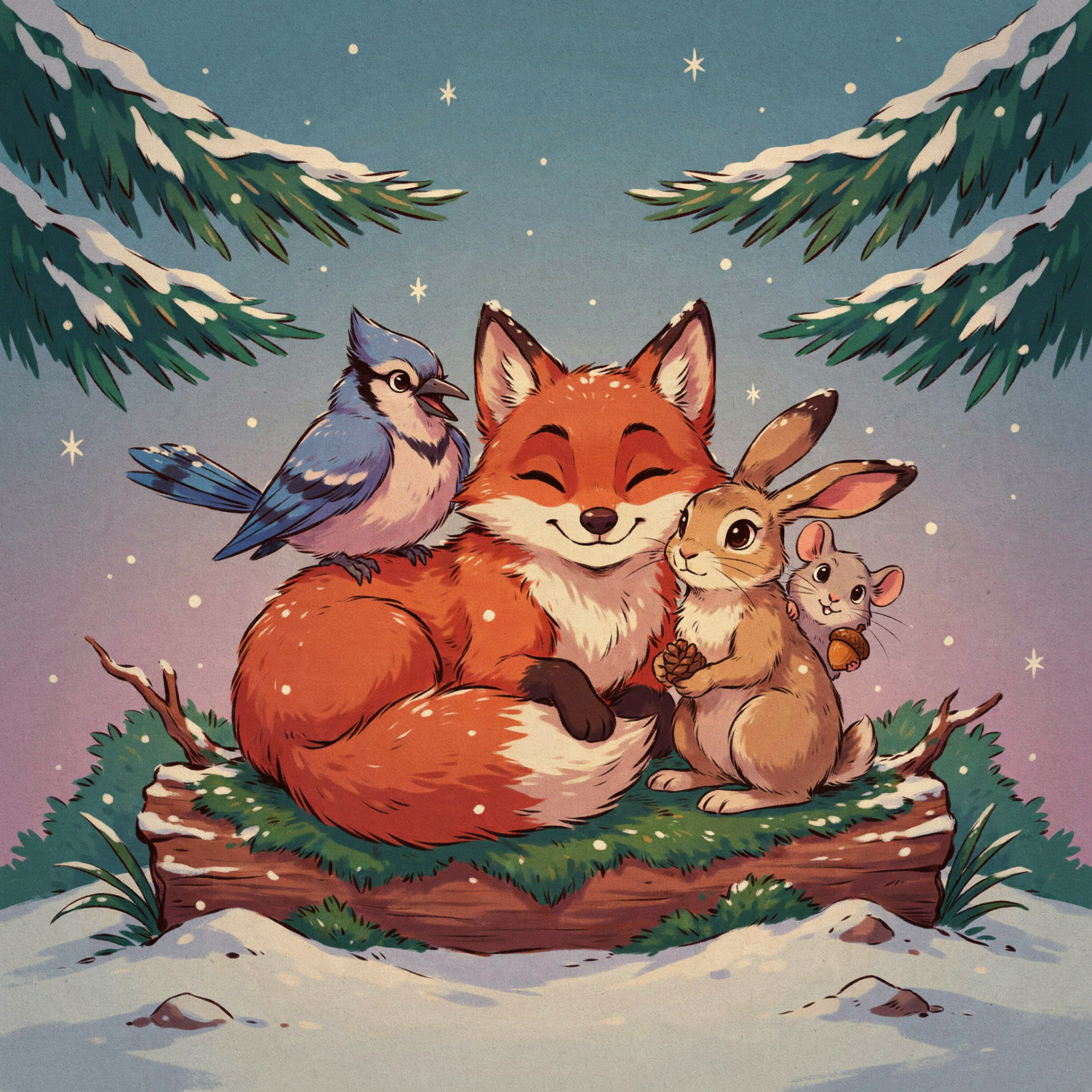 Forum avatar of winter animals: a smiling fox curled with a rabbit on a snowy log, a bluebird perched on its tail beneath snow-dusted pine boughs.