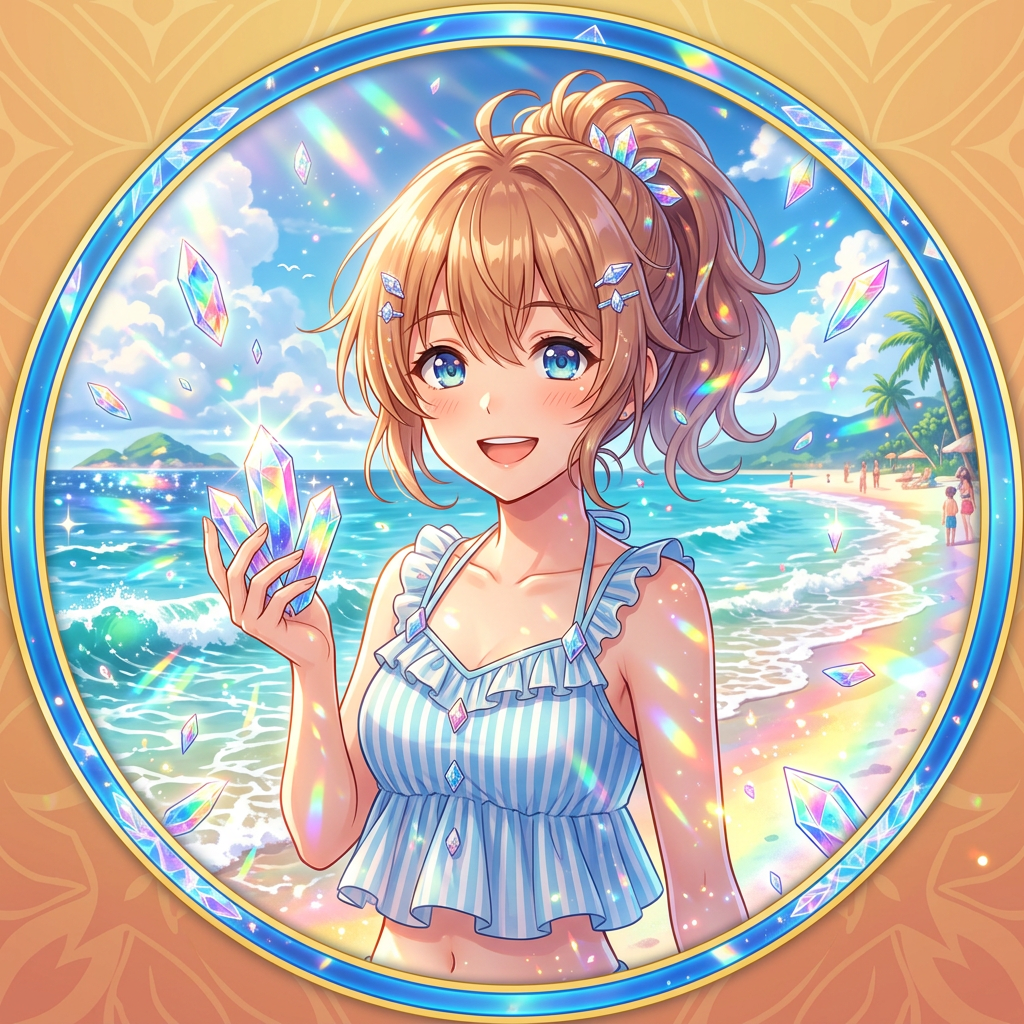 Forum avatar: anime girl in a striped summer top on a sunny beach, holding a glowing crystal as more crystals sparkle around her.