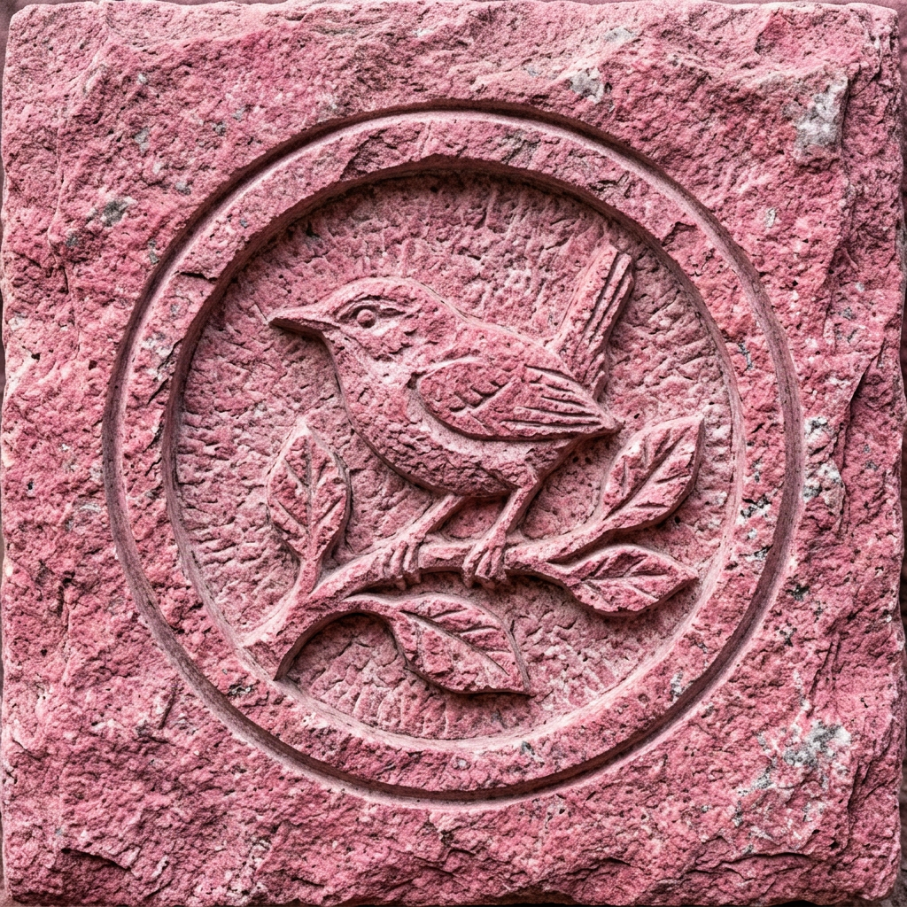 Forum avatar/pfp: square pink stone relief carving of a small bird perched on a leafy branch inside a circular frame.
