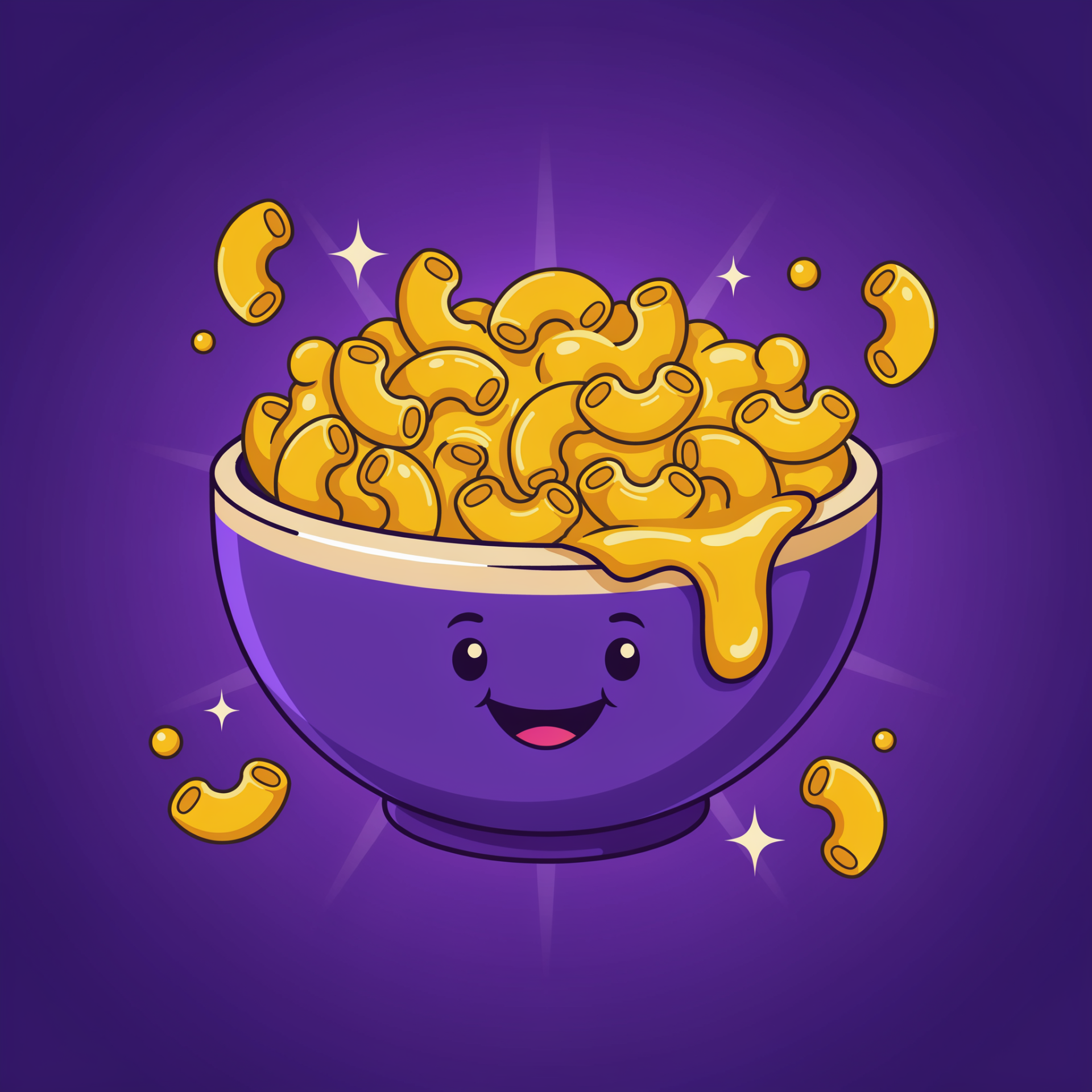 Cartoon forum avatar of a smiling purple bowl overflowing with gooey mac and cheese macaroni pasta, sparkles around it.