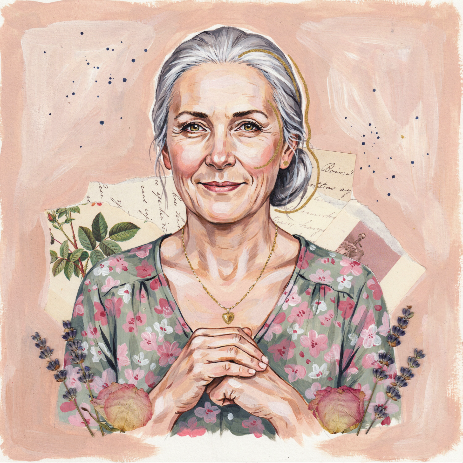 Forum avatar portrait of an elderly grandmother: a smiling gray-haired woman in a floral dress with hands clasped, set against a soft pastel background with floral accents.