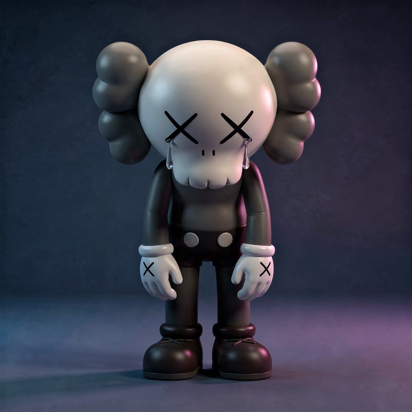 KAWS toy figurine: skull-headed doll with X eyes and tear marks, gloved hands and overalls, rendered as a forum avatar/profile photo.