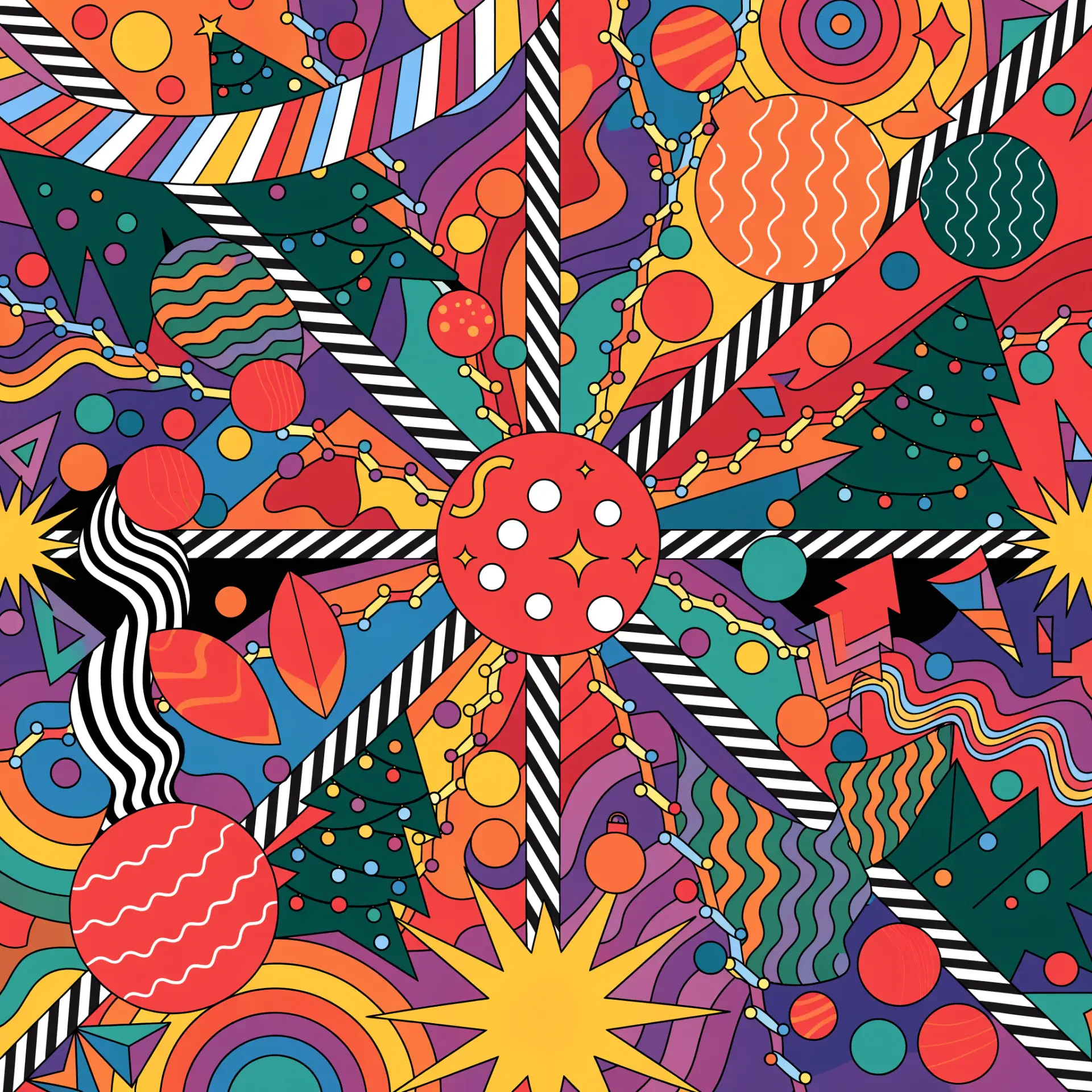Vibrant abstract geometric Christmas pattern used as a forum avatar/pfp: bold stripes, concentric circles, ornaments, stylized trees and stars in vivid colors.