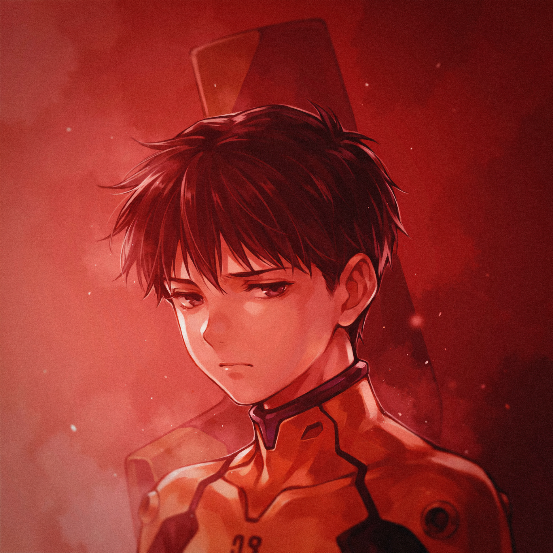 Portrait of a brooding Neon Genesis Evangelion anime boy in an orange plugsuit against a moody red background, rendered as a stylized forum avatar/pfp.