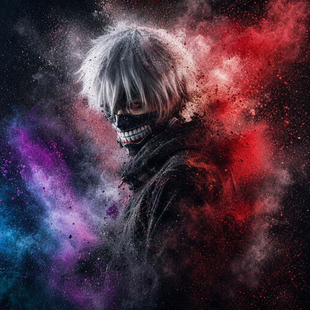 Forum avatar/pfp of Tokyo Ghoul's Kaneki: white-haired figure in a ghoul mask with exposed teeth, dark cloak, set against swirling red, purple and blue smoke.