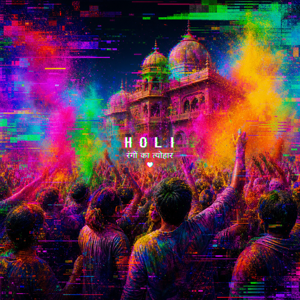 Forum avatar/pfp: vibrant Holi festival crowd throwing neon pink, green and yellow powders around a temple, with bright, stylized digital glitch effects.