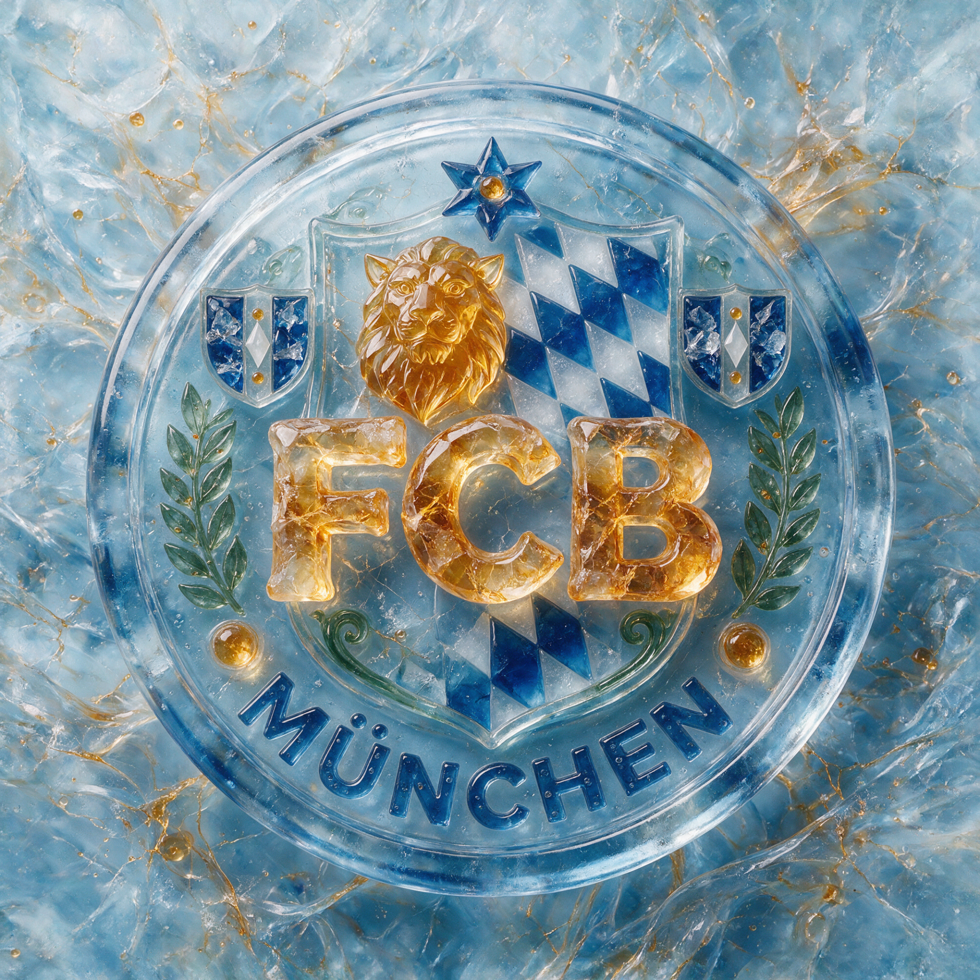 Forum avatar/pfp of the FC Bayern München crest/logo rendered in icy blue and gold, featuring a lion head, Bavarian lozenges and bold FCB lettering.