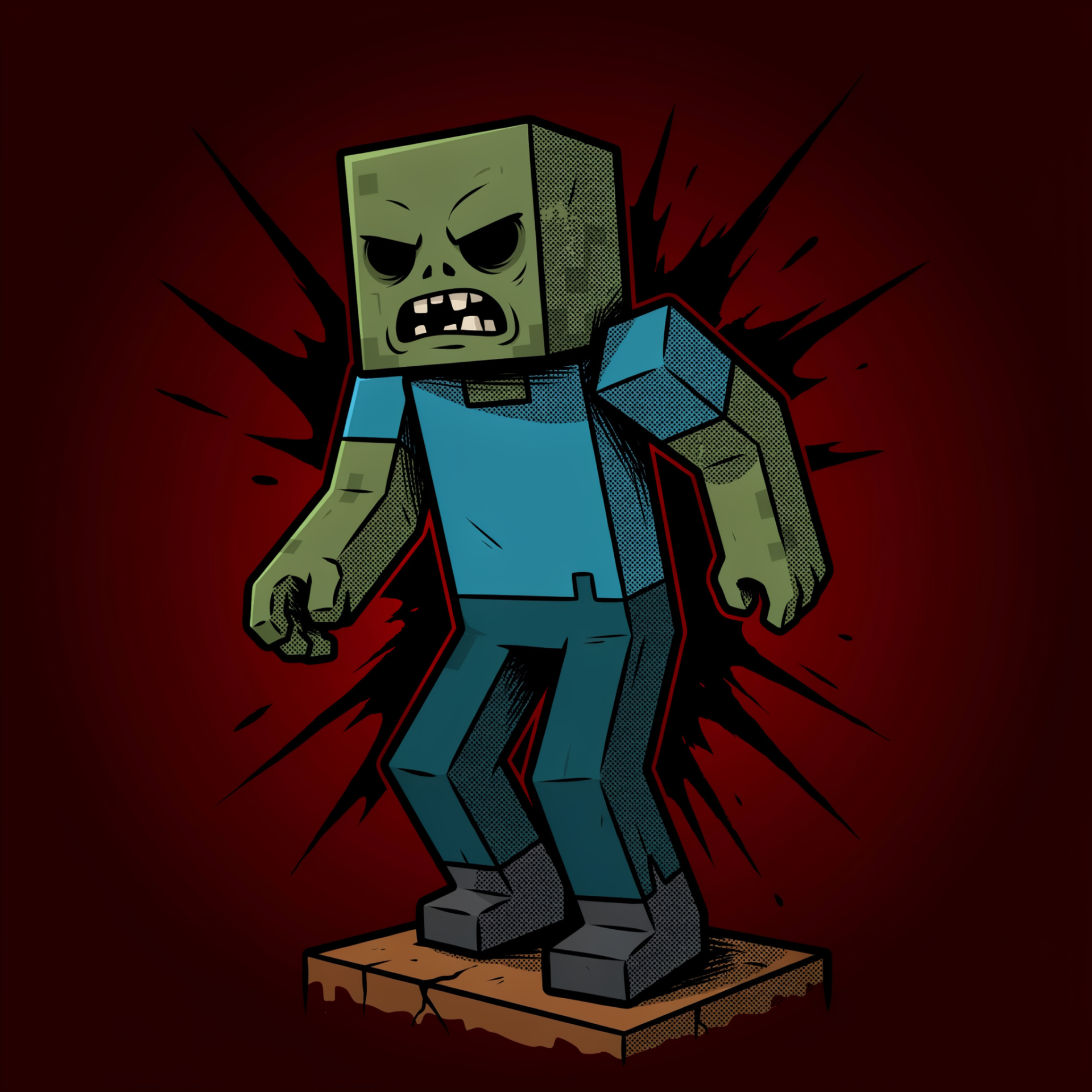 Blocky Minecraft zombie avatar: snarling green figure in a teal shirt on a cracked tile, black splatter on a dark red background — forum profile picture.