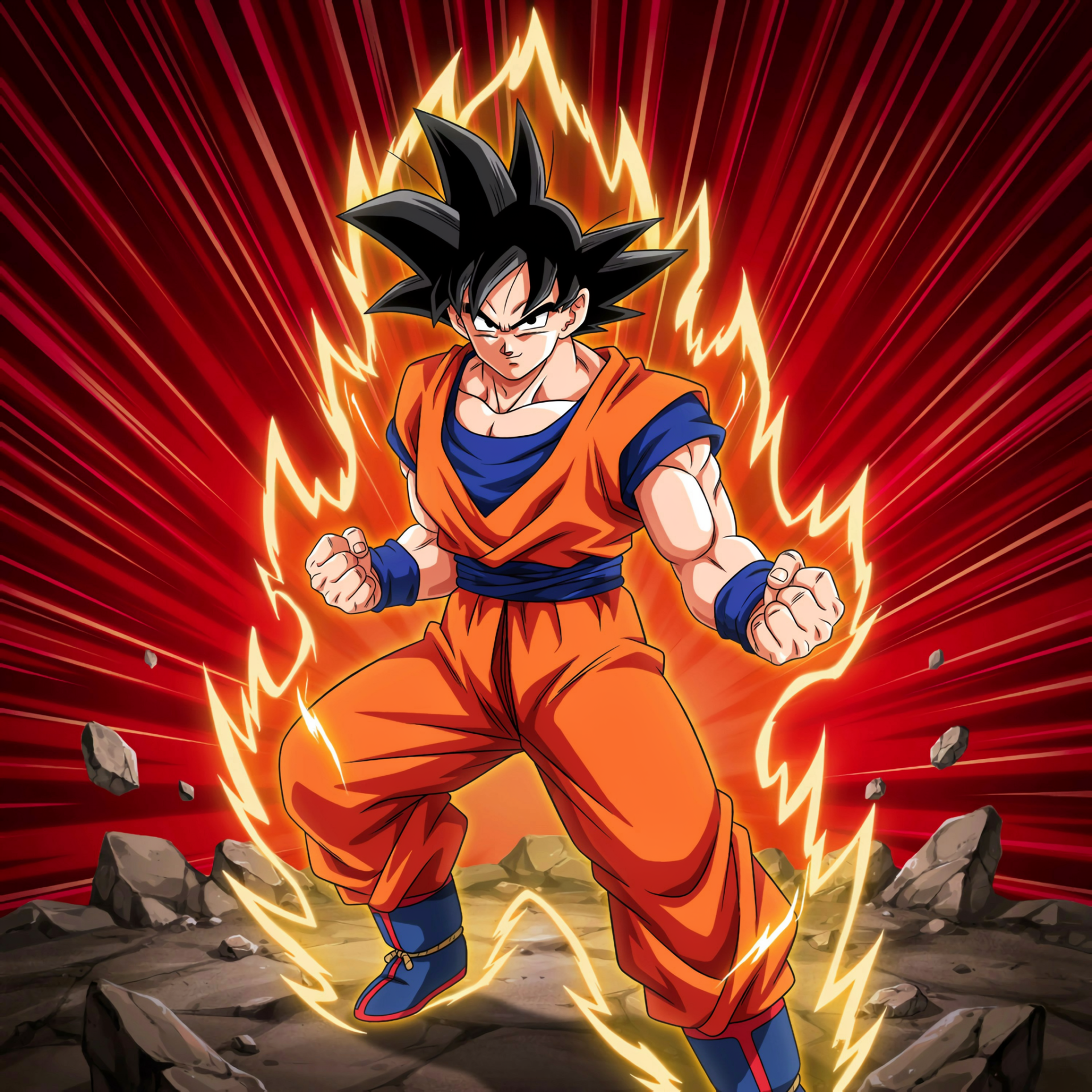 Forum avatar/profile photo of Goku from Dragon Ball — in orange gi, fists clenched, glowing golden aura with red energy background and cracked rocky ground.