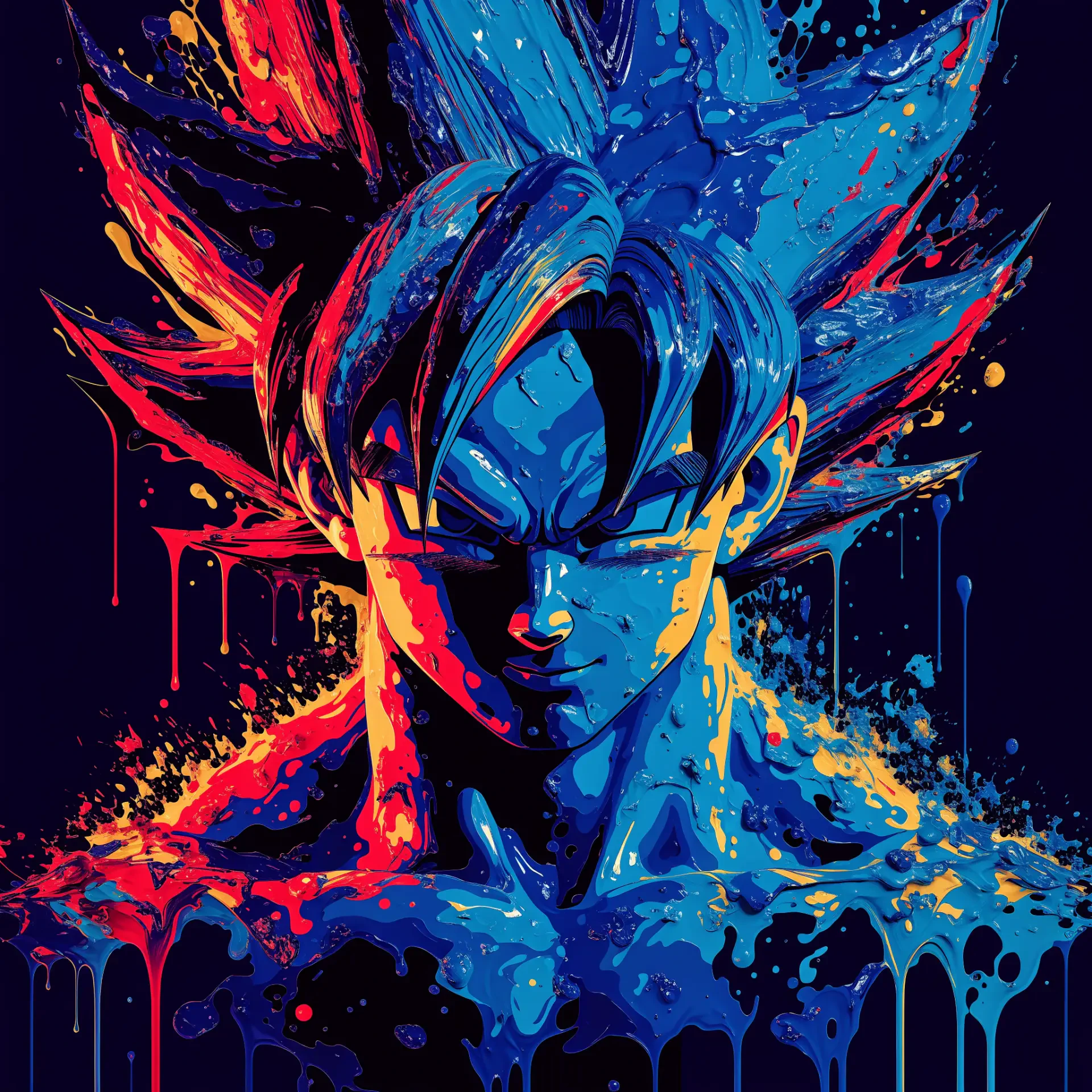 Abstract portrait of Goku in dripping neon paint—vivid blues, reds, and yellows form a bold forum avatar.