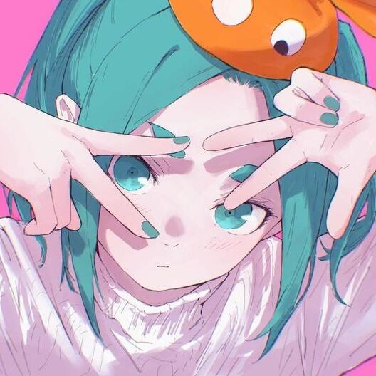 Forum avatar: anime portrait of Yotsugi Ononoki from Monogatari — teal-haired girl with an orange hair accessory and teal nails framing her eyes on a pink background.