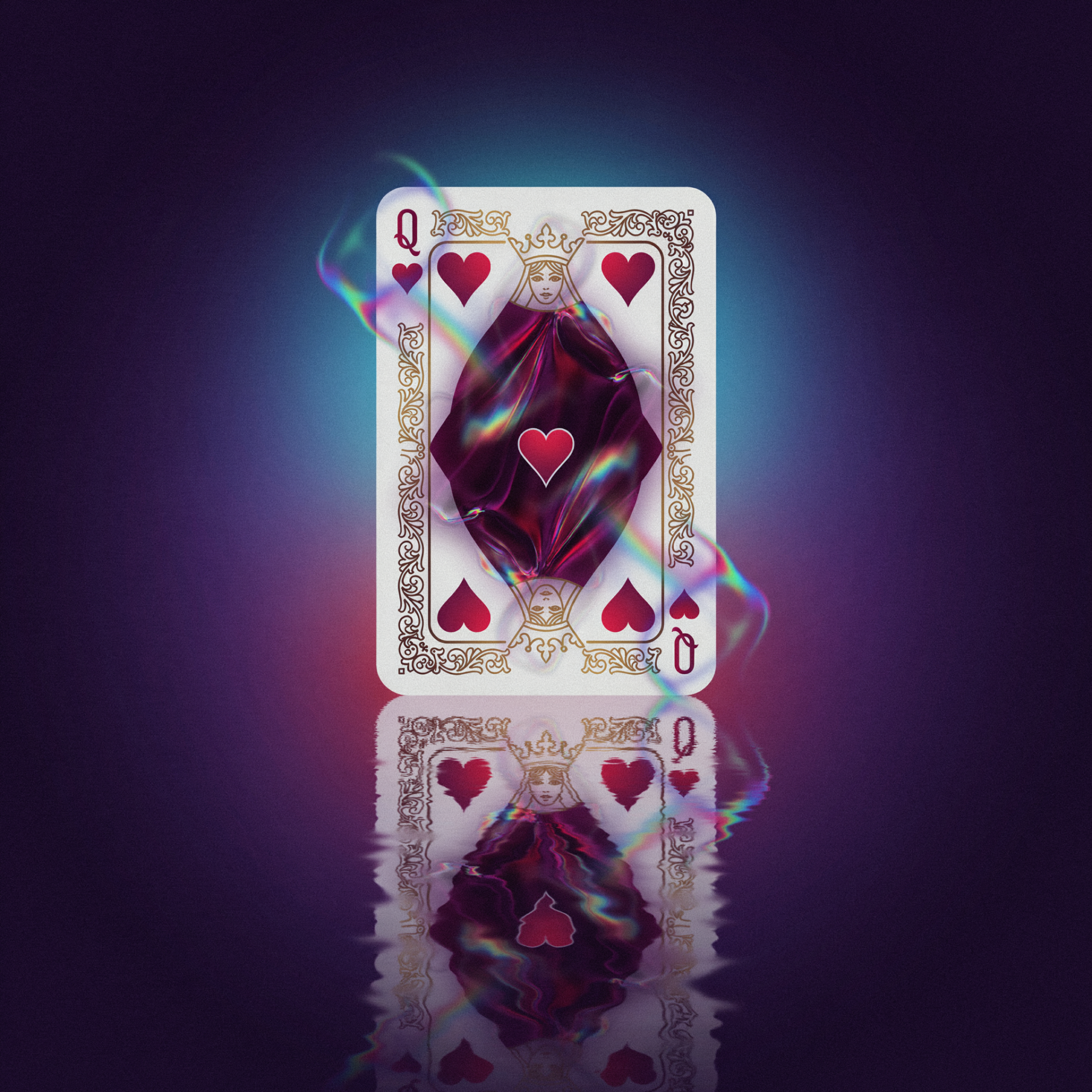 Stylized Queen of Hearts playing card with glowing heart motifs and mirrored reflection, used as a forum avatar/profile picture.