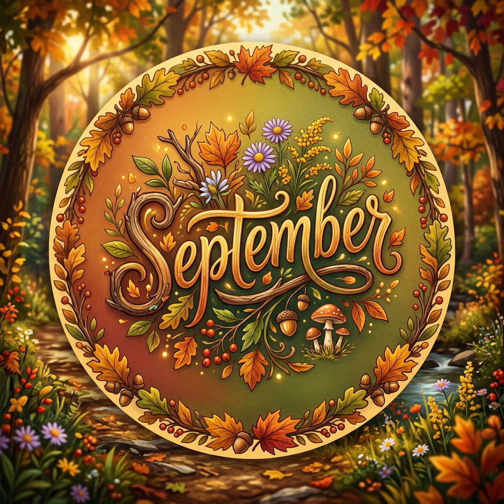 Round autumn wreath pfp emblazoned with September amid fall leaves, acorns, mushrooms and flowers against a warm forest background.