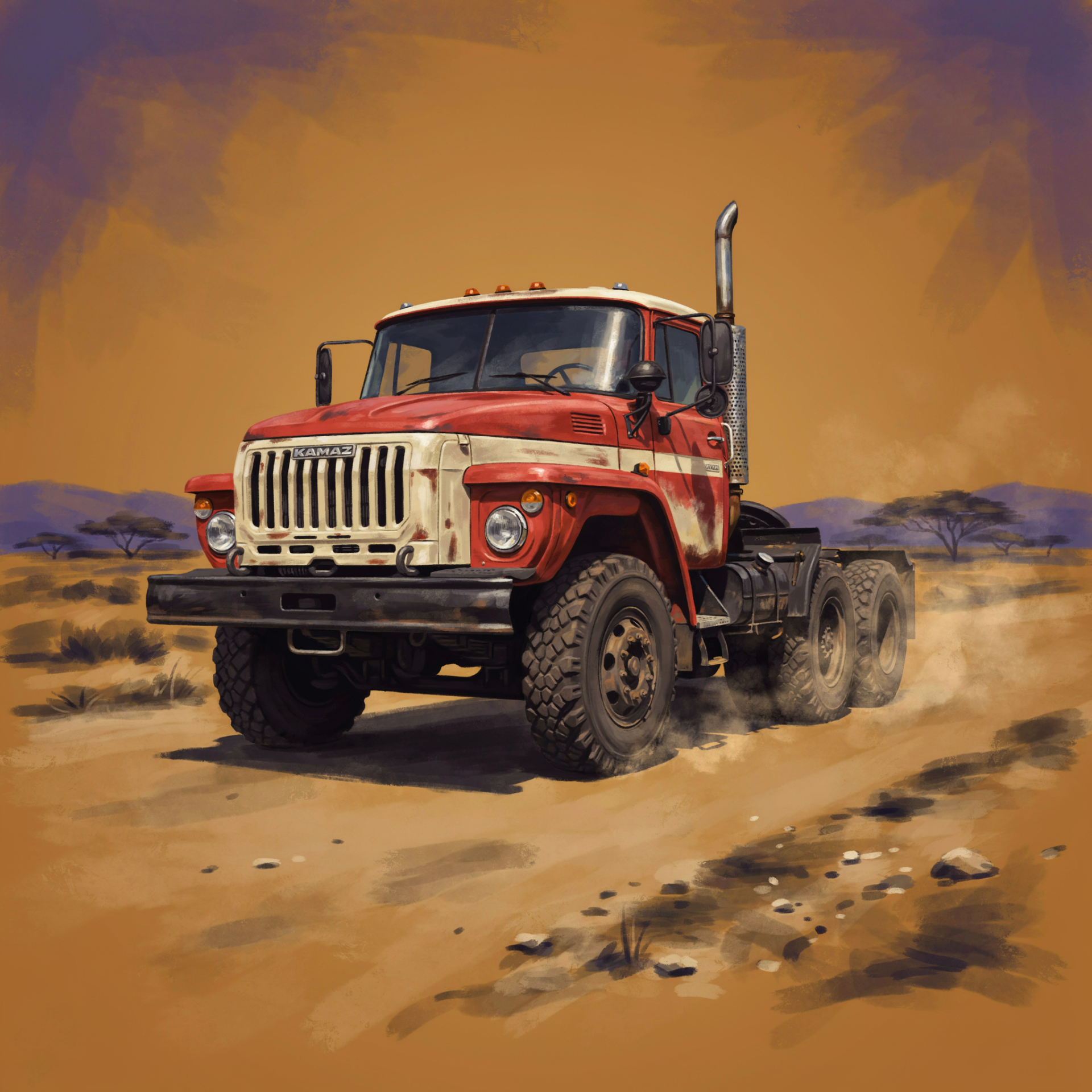 Forum avatar/profile photo of a stylized red Kamaz pickup truck vehicle kicking up dust across a desert — rugged truck illustration.