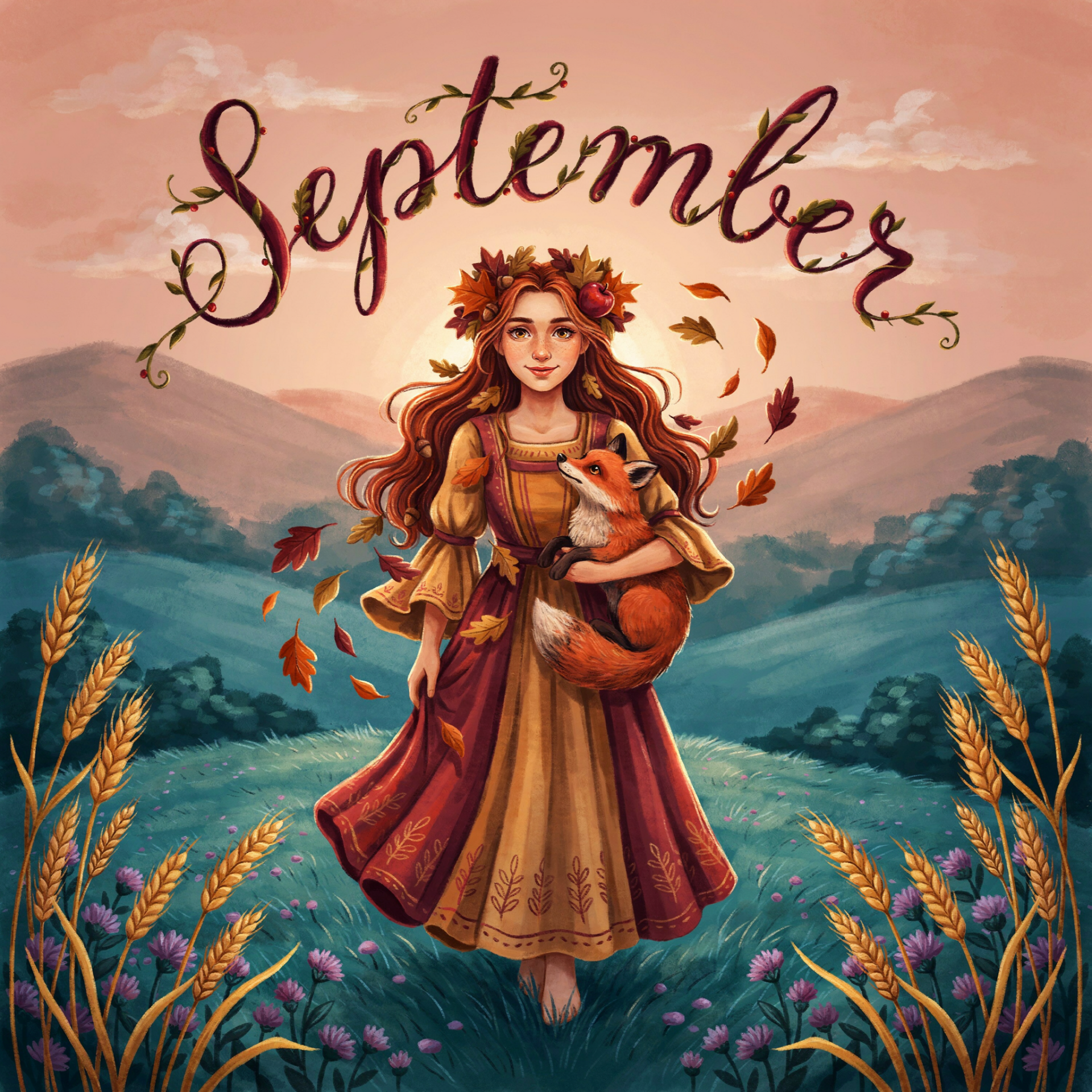 Forum avatar of a September-themed girl in an autumn dress and leaf crown, holding a fox among falling leaves and wheat, with September hand-lettered above.