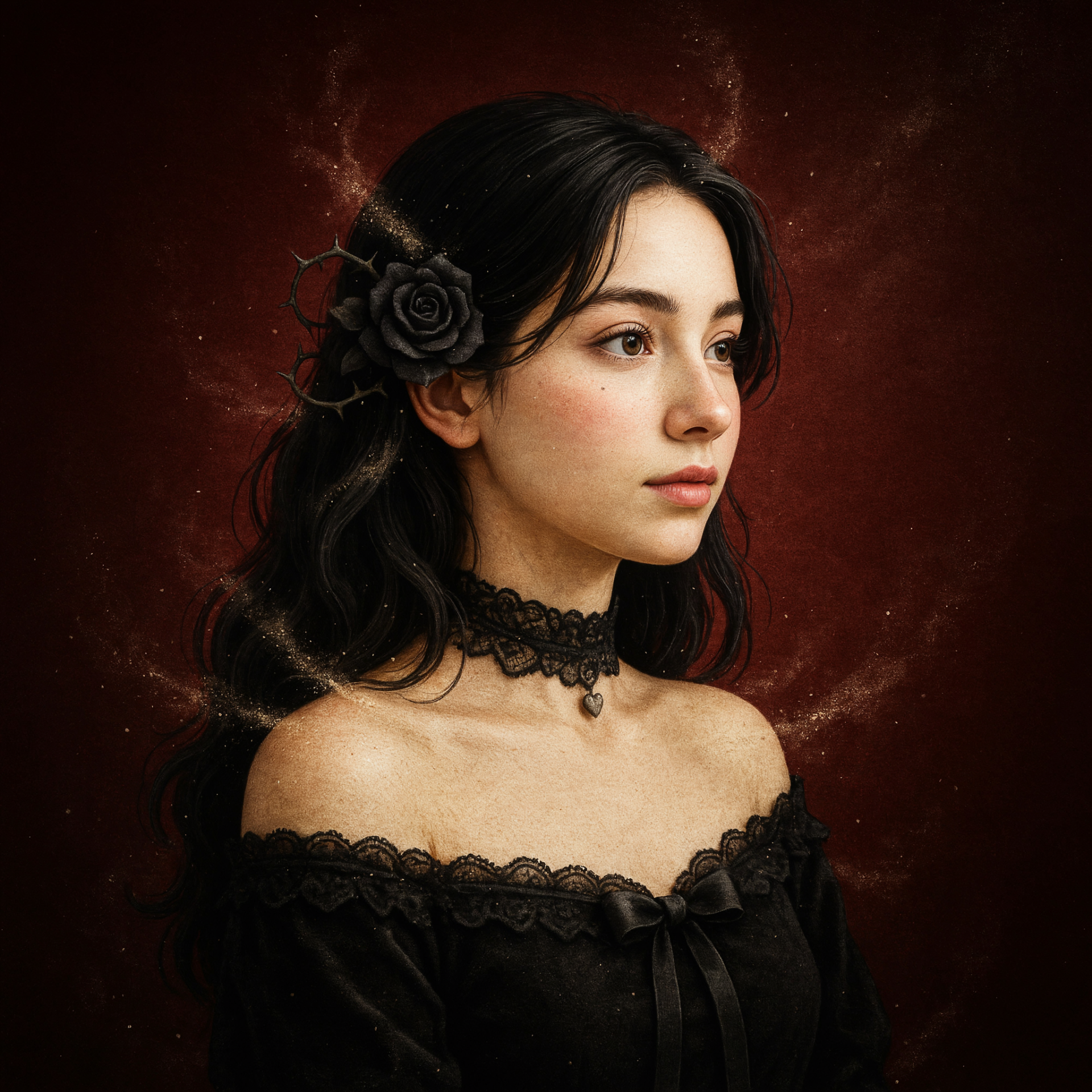 Dark coquette portrait of a young woman in gothic attire: black rose in her hair, lace choker and off-shoulder dress, moody red background — styled as a forum avatar/pfp.