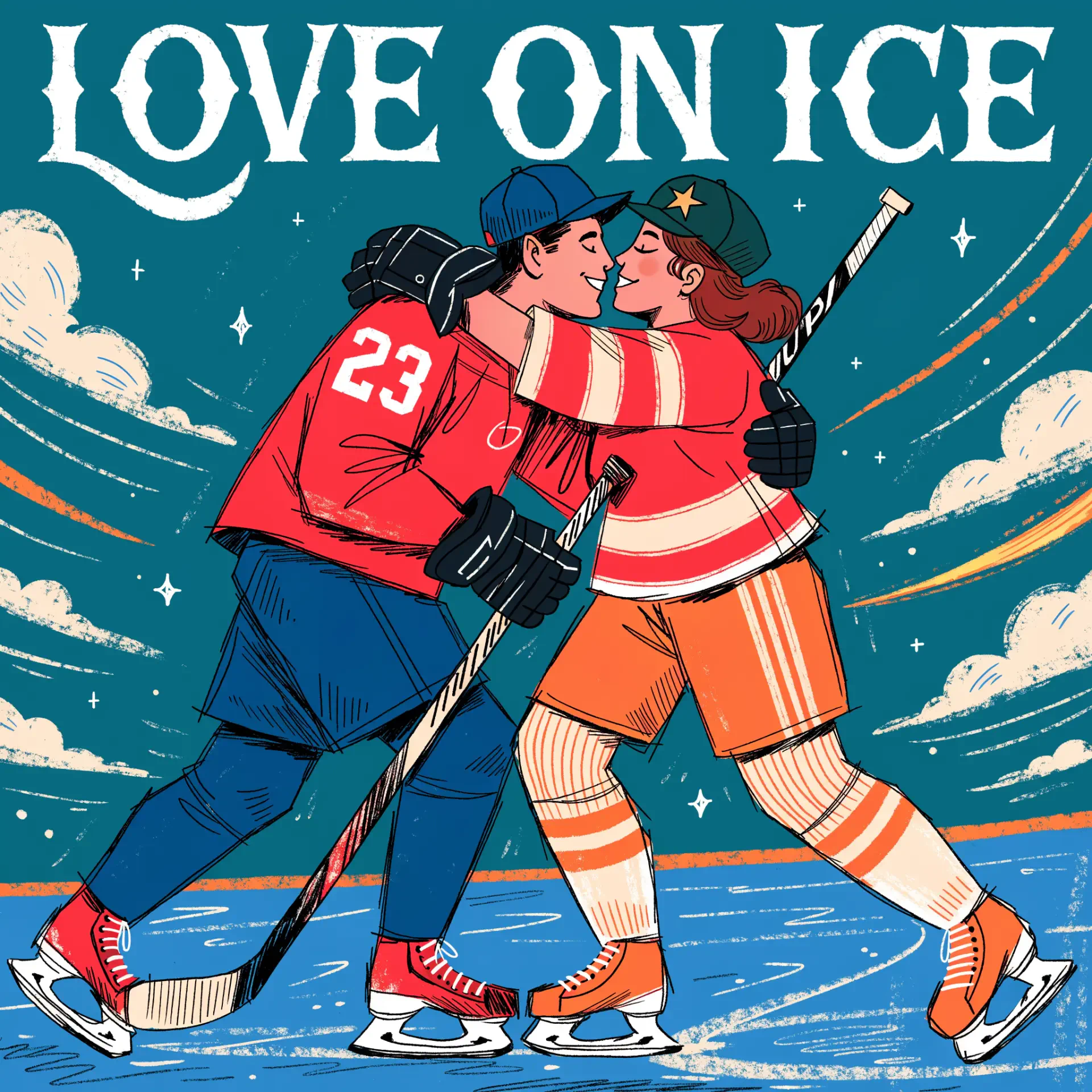Forum avatar of a kissing hockey couple ice-skating in jerseys and skates under a LOVE ON ICE banner — a romantic hockey profile image.