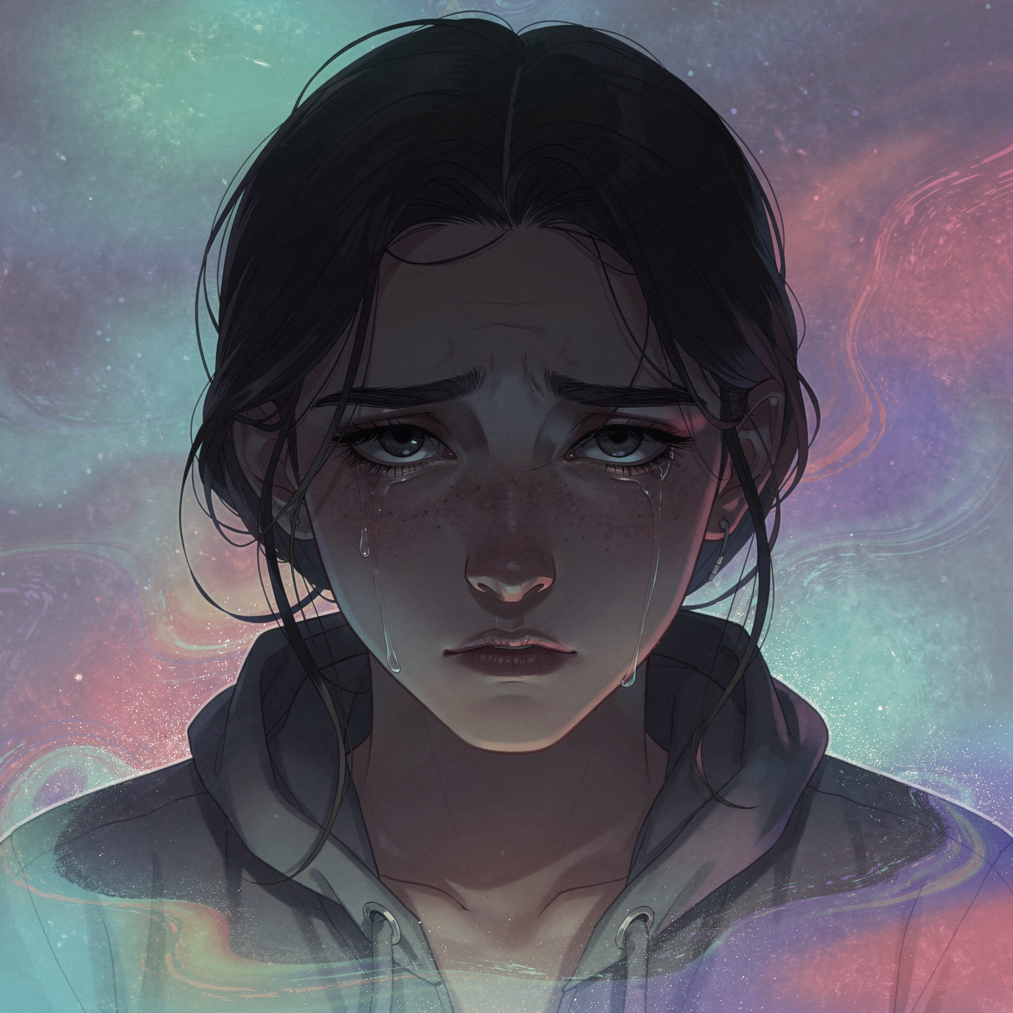 Depressed anime girl portrait — tearful, dark-haired girl in a hoodie against a dreamy pastel background, framed as a forum avatar/pfp/profile photo.