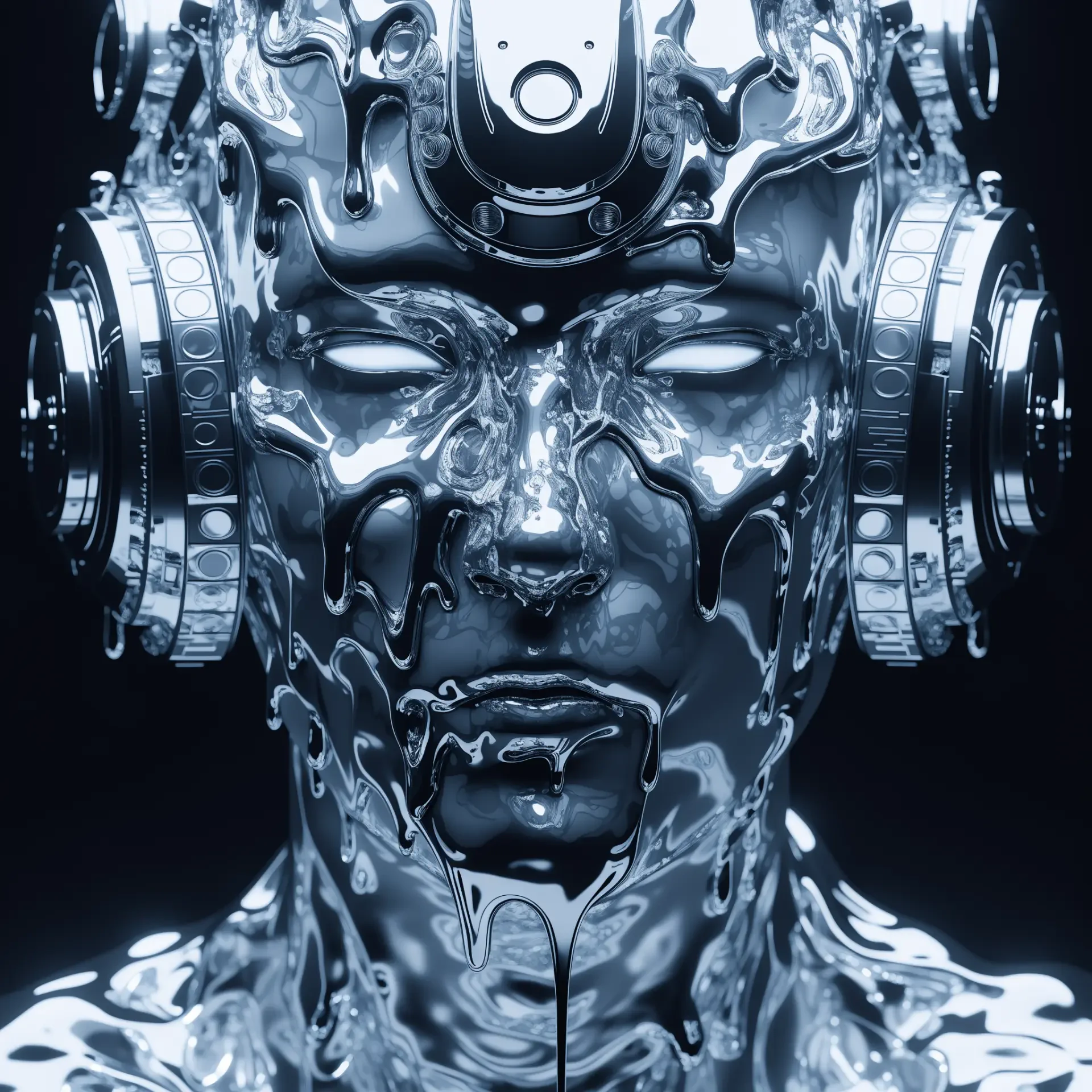 Liquid-metal android cyborg face wearing a mechanical headset, a stylized forum avatar/pfp.