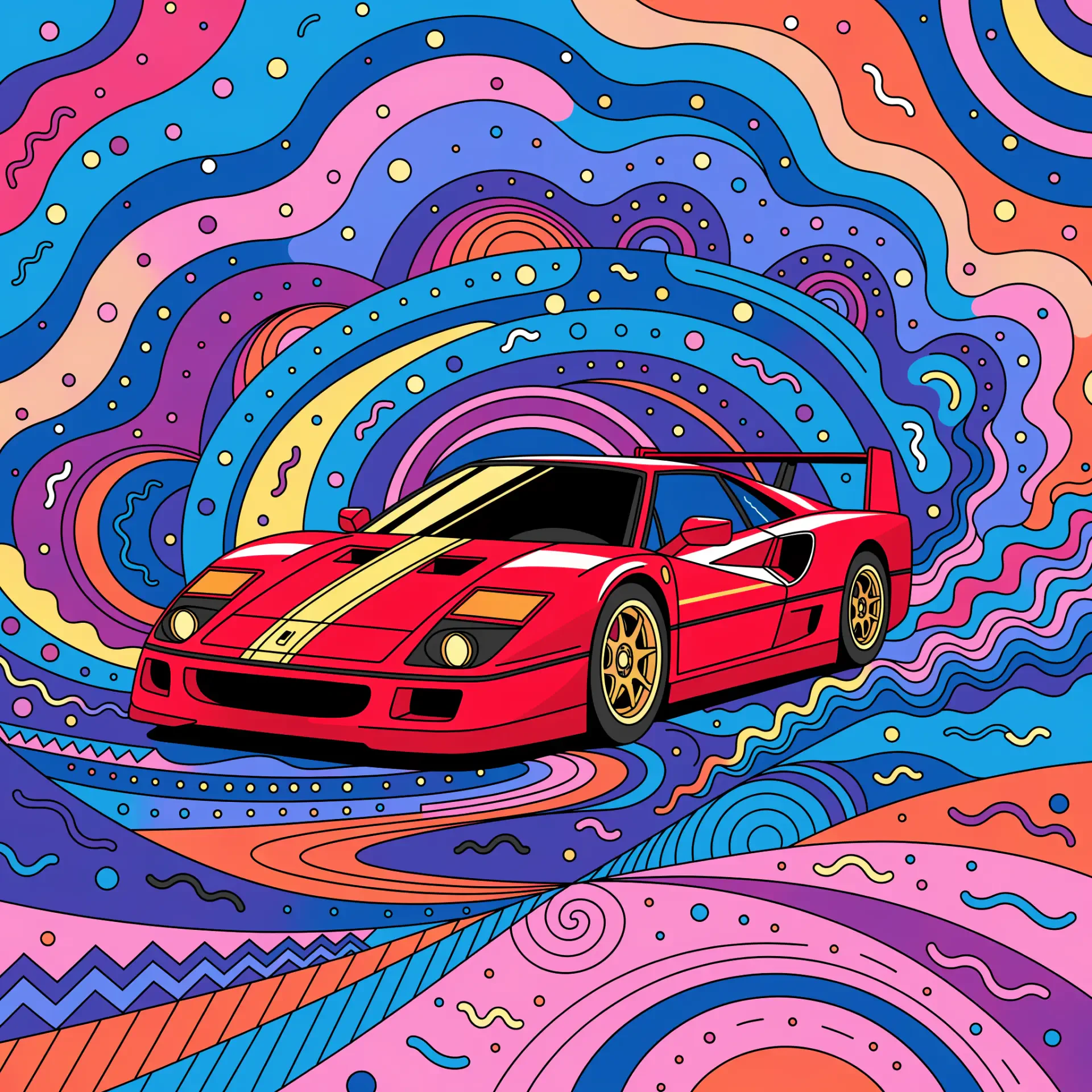 Forum avatar/pfp of a red Ferrari supercar sports car with gold stripe and wheels set against a colorful psychedelic swirl background.