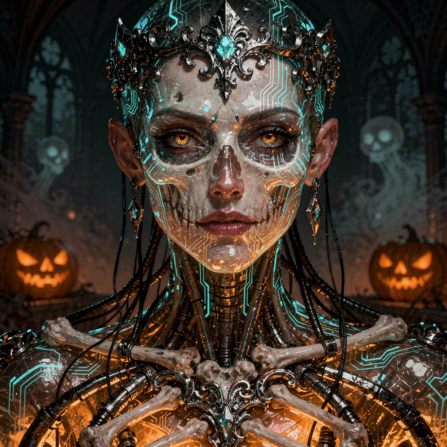 Forum avatar: Halloween gothic cyborg woman with skull-like face, jeweled crown and exposed mechanical chest, glowing circuitry and jack-o'-lanterns in the background.
