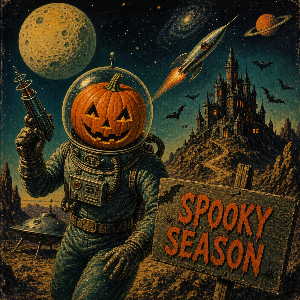 PFP: astronaut with a carved pumpkin helmet and ray gun stands before a haunted castle under moons and a rocket; a sign reads Spooky Season — Halloween themed.
