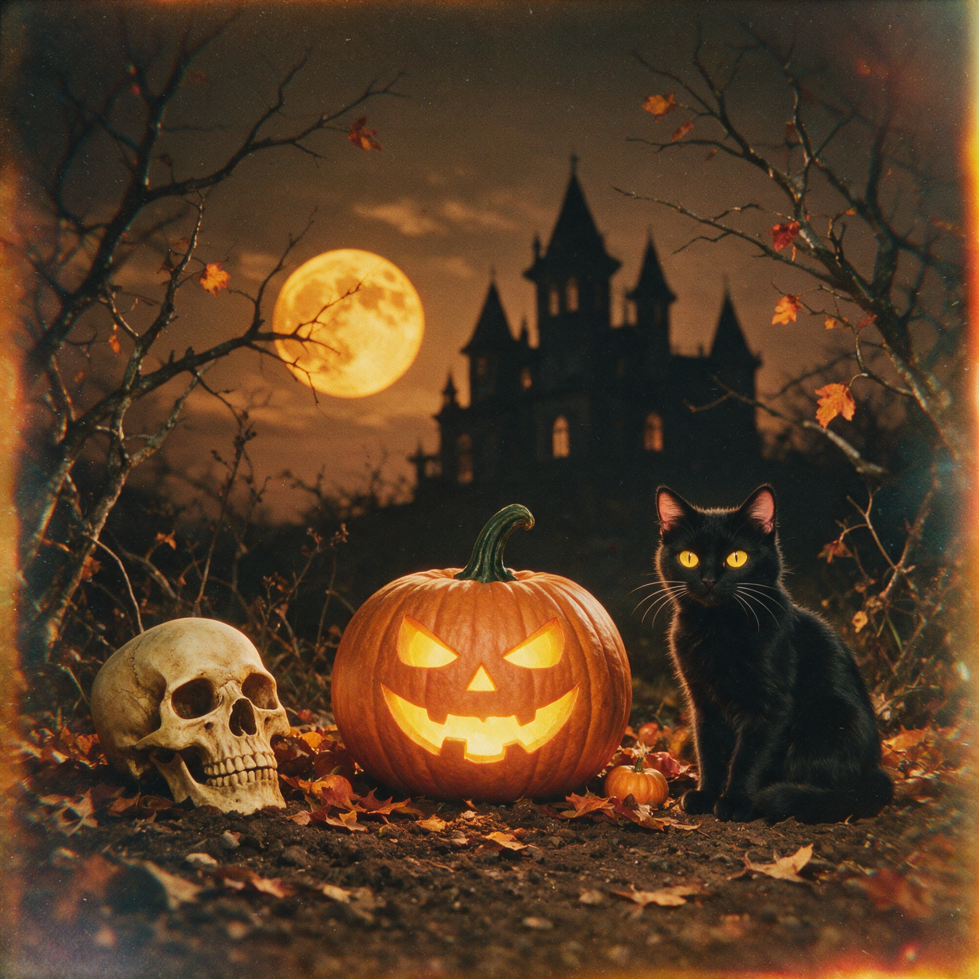 Forum avatar/pfp: spooky season Halloween scene — glowing carved pumpkin, skull, and watchful black cat in front of a moonlit haunted castle.
