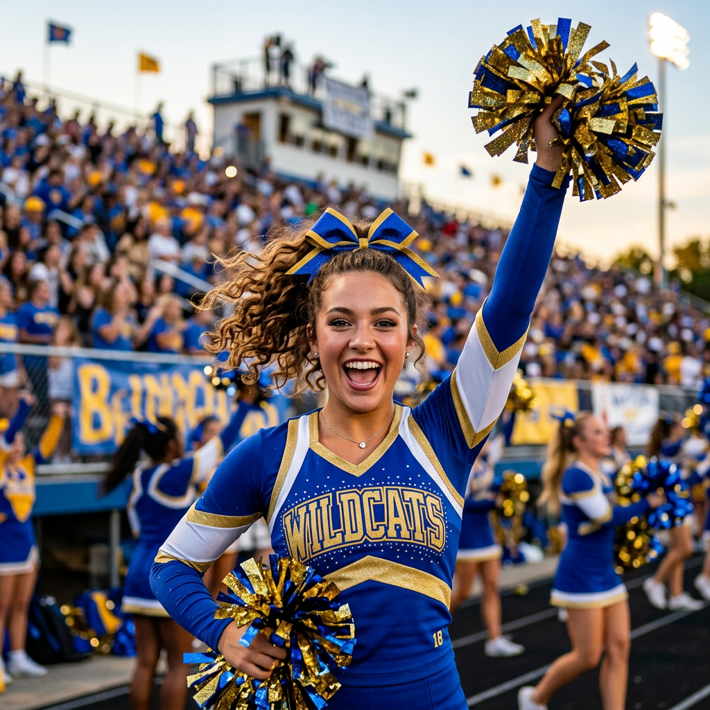 Profile avatar of a smiling cheerleader in a Wildcats uniform waving blue-and-gold pom-poms in front of a lively stadium crowd.