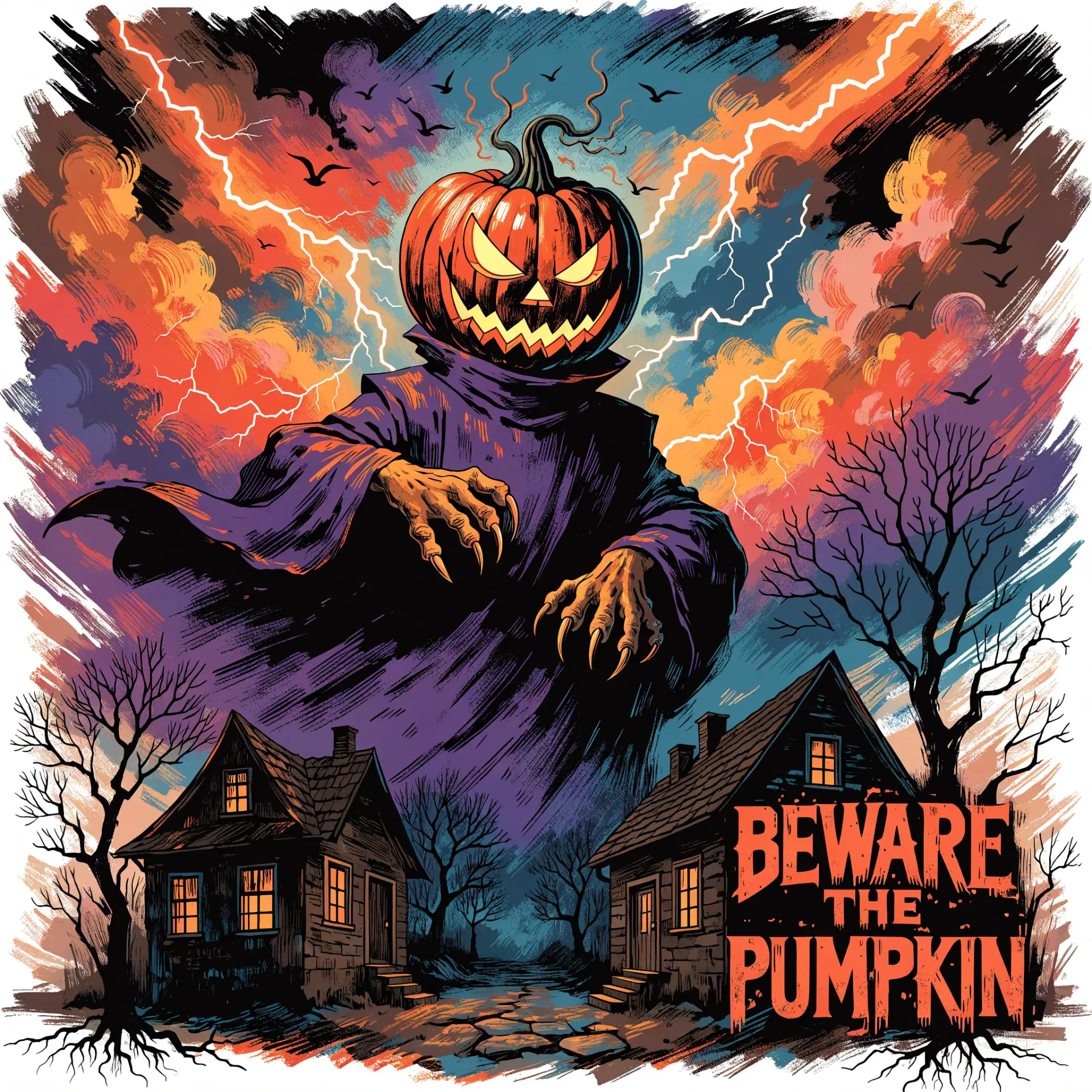 Forum avatar/pfp: pumpkin-headed scarecrow looming over two haunted houses beneath a lightning-split, colorful Halloween sky, captioned Beware the Pumpkin.