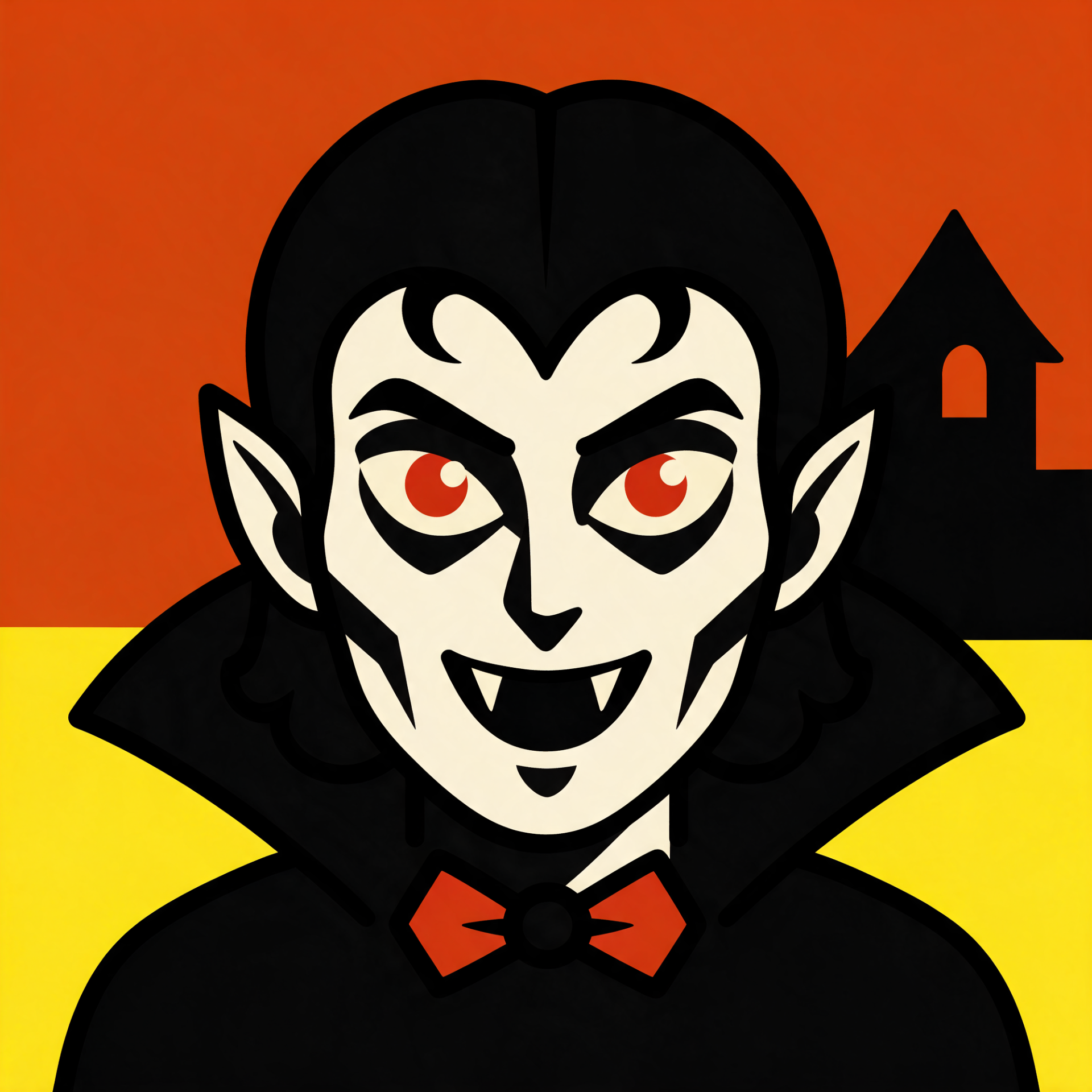 Cartoon Dracula vampire forum avatar — Halloween horror profile image: fanged grin, red eyes, black cape and silhouetted castle.