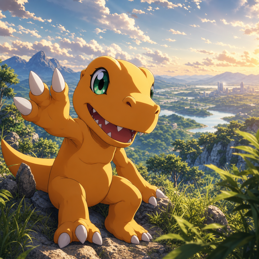Cheerful Digimon baby dinosaur-dragon waving from a sunlit hilltop; bright, chibi forum avatar/pfp with a vivid landscape background.