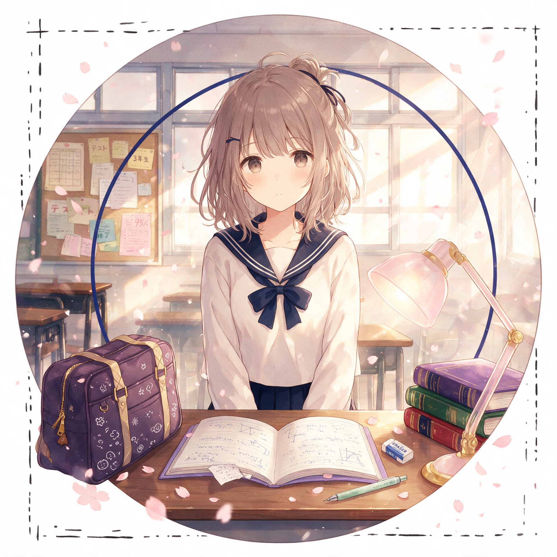 Round avatar of an anime schoolgirl at a sunlit classroom desk, open notebook, schoolbag and books—soft school aesthetic, pensive expression, styled as a forum profile photo.