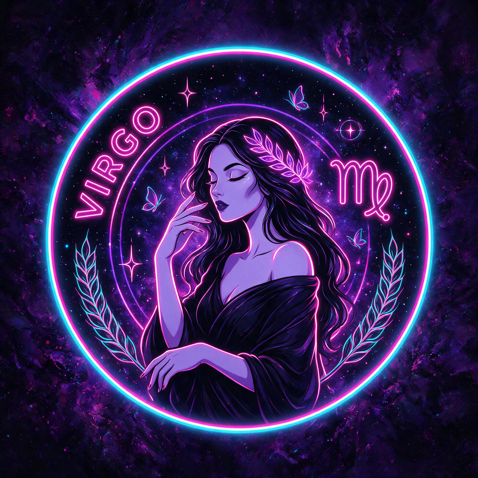 Neon purple Virgo astrology zodiac avatar: stylized woman with laurel, Virgo glyph in a glowing circular cosmic frame — forum profile photo.