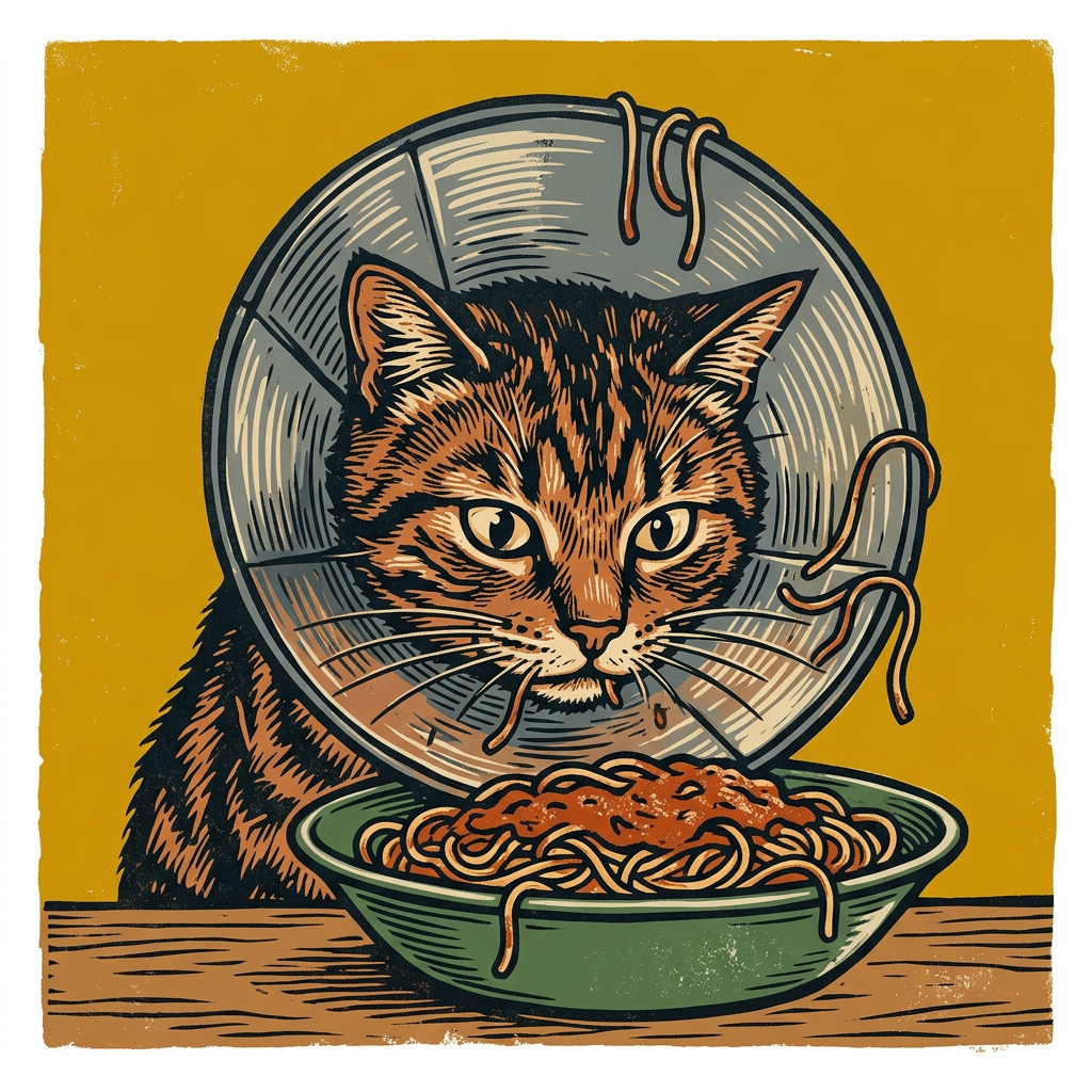 Comic-style forum avatar of a tabby cat named Noodles wearing a cone and peering at a bowl of noodles against a mustard-yellow background.