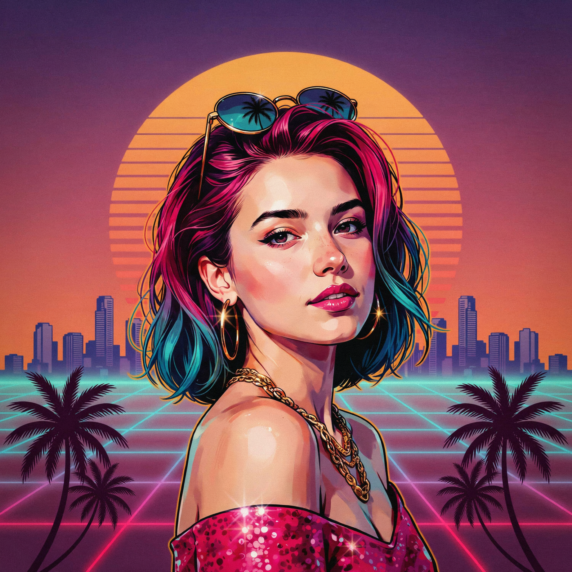 Stylized neon portrait of a woman with teal and magenta hair, hoop earrings and gold chains against a retro sunset cityscape — a vibrant forum avatar/pfp.